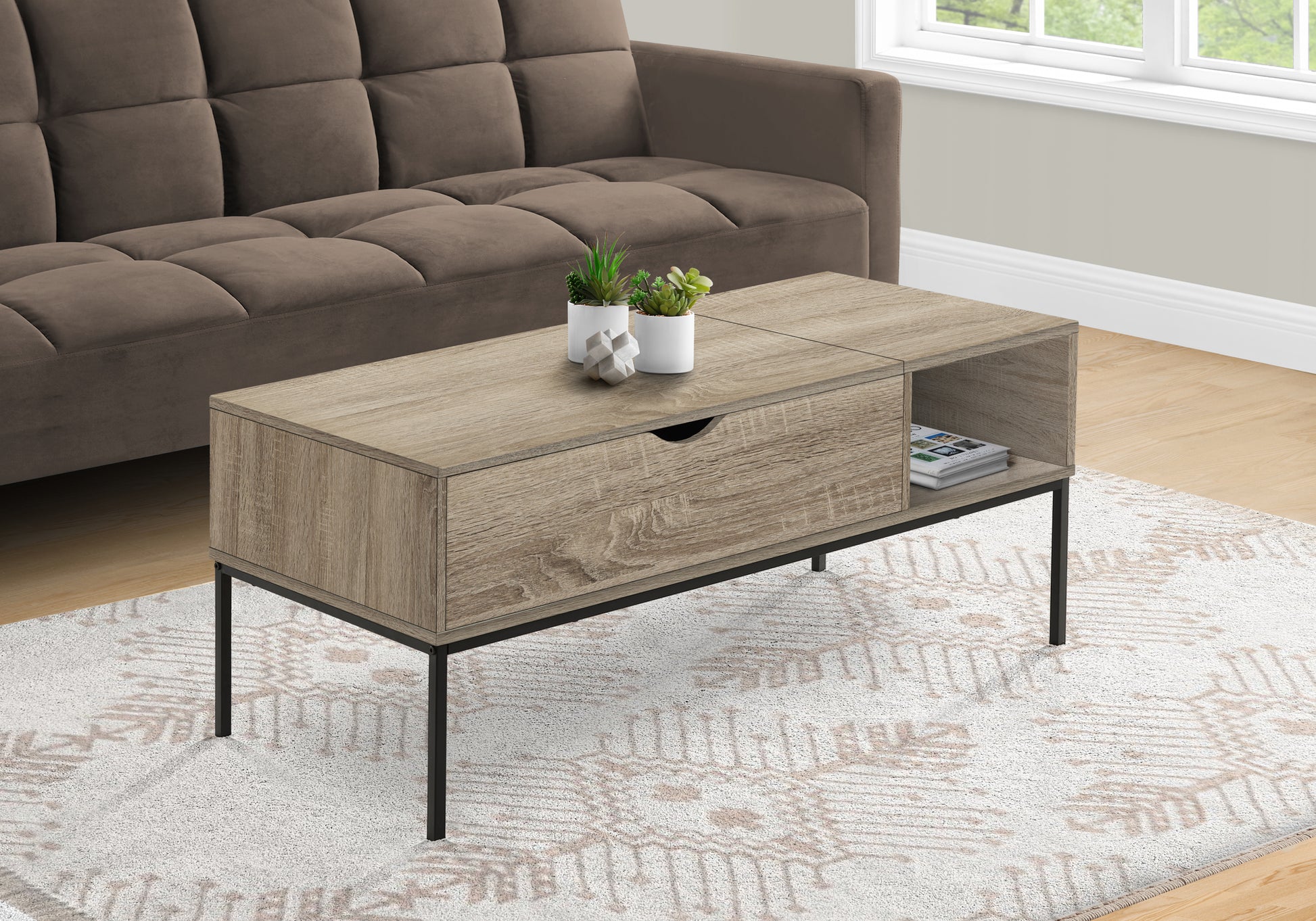 Coffee Table, 42" L, Rectangular, Cocktail, Lift Top, Dark Taupe, Black Metal, Contemporary, Modern Taupe Particle Board