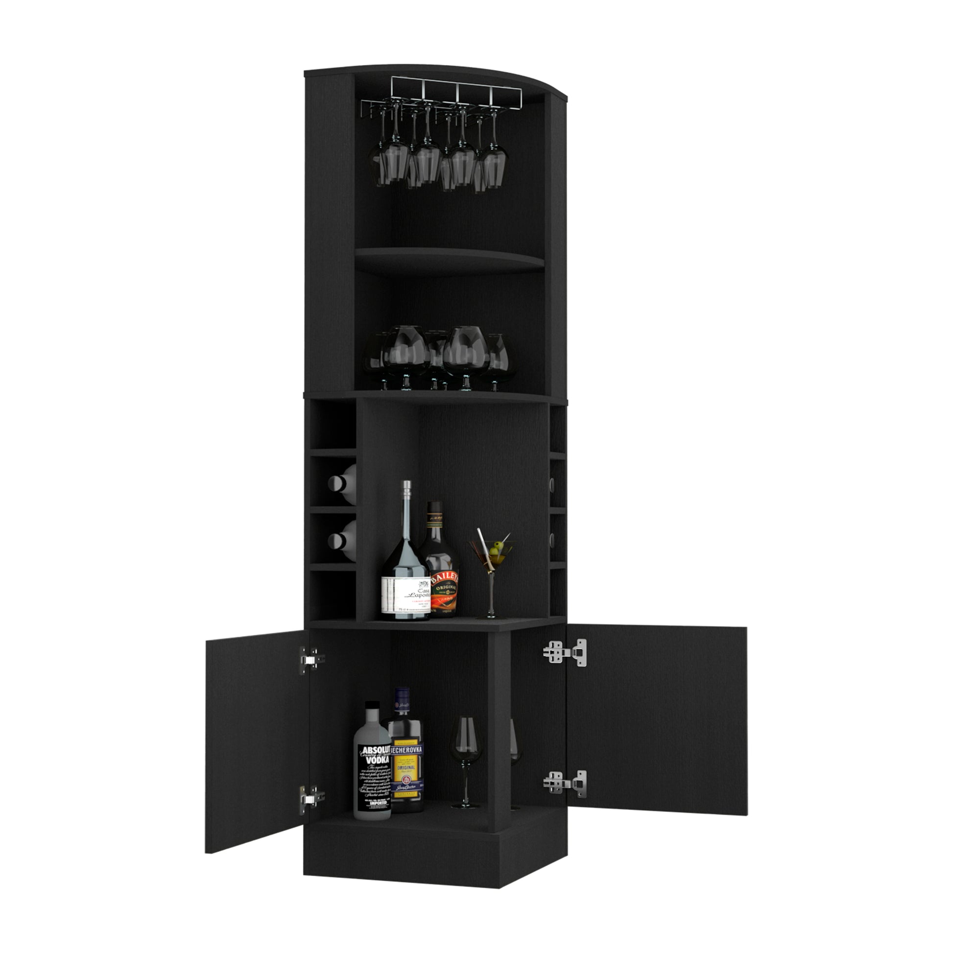 Kava Being Corner Bar Cabinet, Glass Rack, Double Door Cabinet, Eight Built In Wine Rack Black Black Particle Board Particle Board