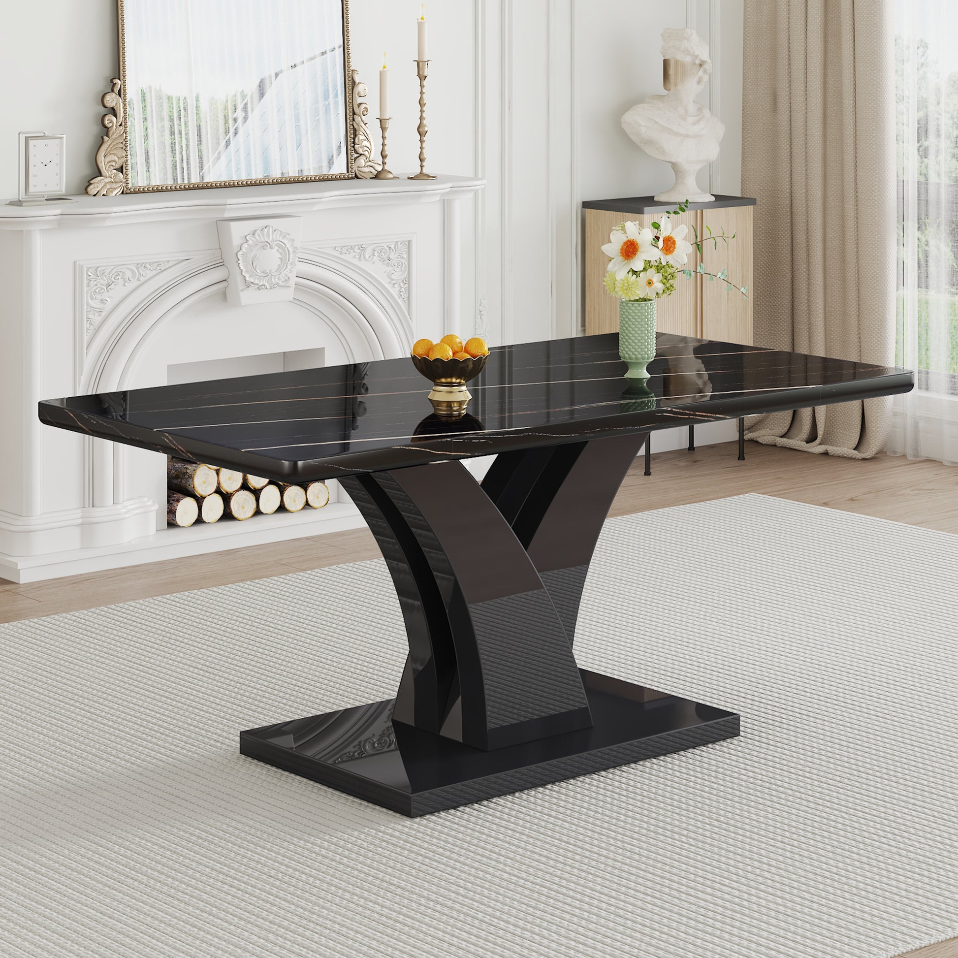 Modern Dining Table, Black Desktop And Black Mdf Leg Dining Table Are The Perfect Choice For Dinner, Conference, Home And Office Decoration F 790 Black Mdf