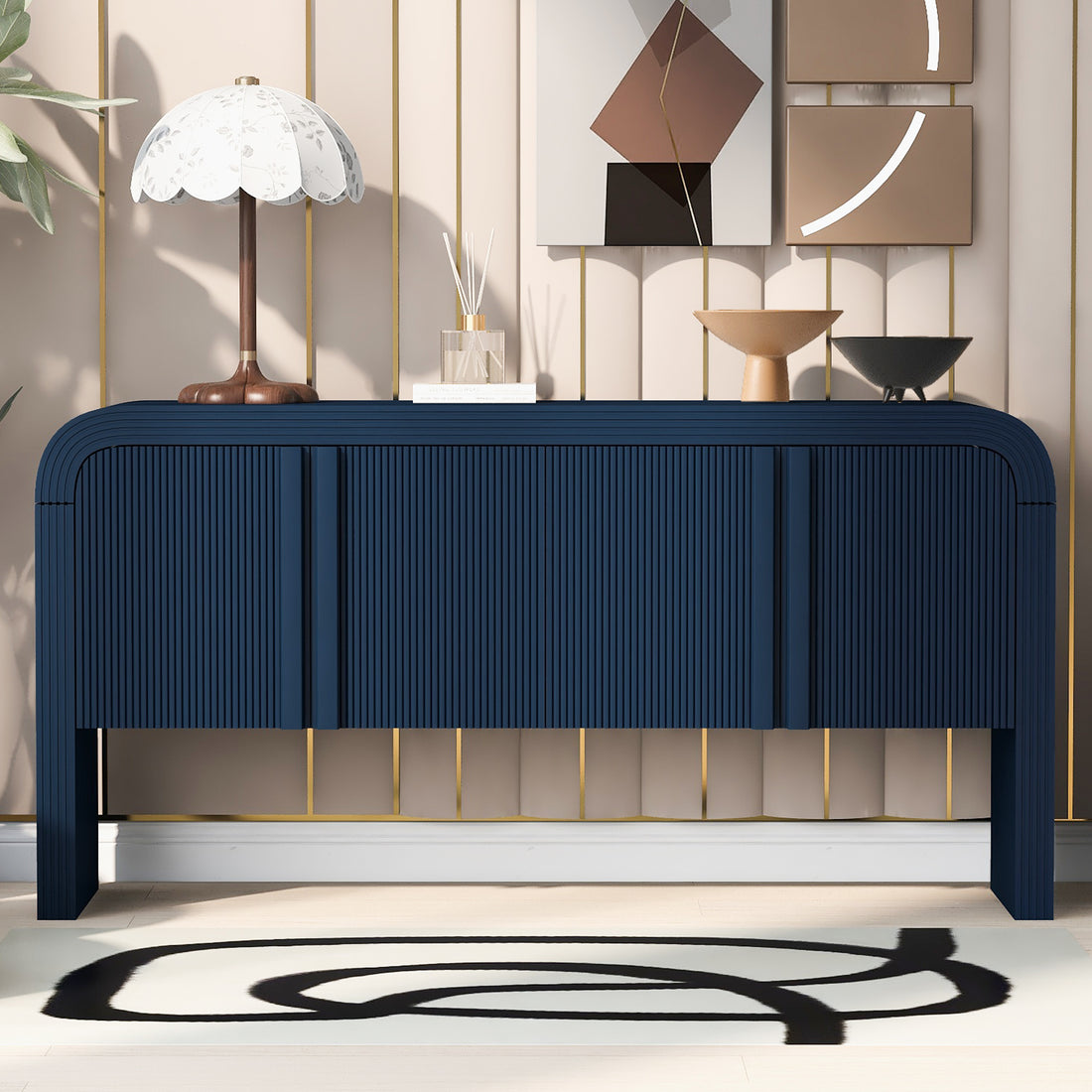 Striped Storage Cabinet With 4 Doorsadjustable, Suitable For Study,Entrance And Living Room Navy Blue Mdf