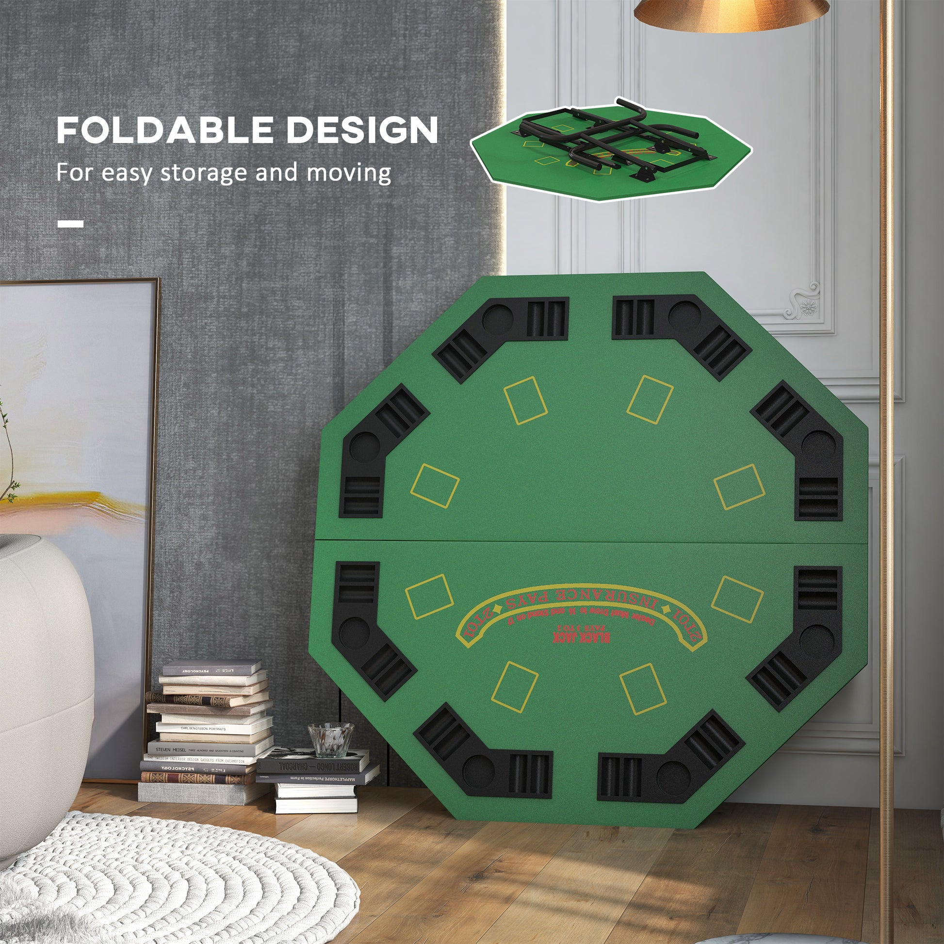 Soozier Poker Table Foldable 47" Octagon Casino Table Blackjack Texas Holdem Poker Table For 8 Players With Chips Tray And Cup Holders, Green Green Mdf Steel