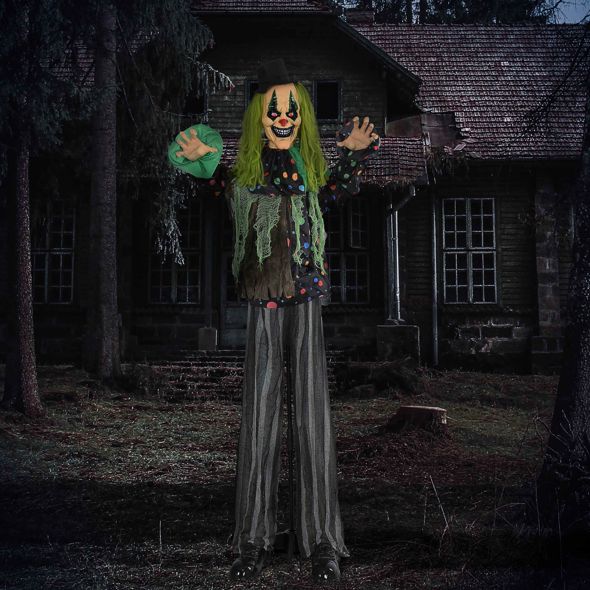 Homcom 6.1' Life Size Outdoor Halloween Decoration, Animatronic Circus Clown, Sound And Motion Activated Animated Prop With Light Up Eyes, Talking And Laughter Green Polyester