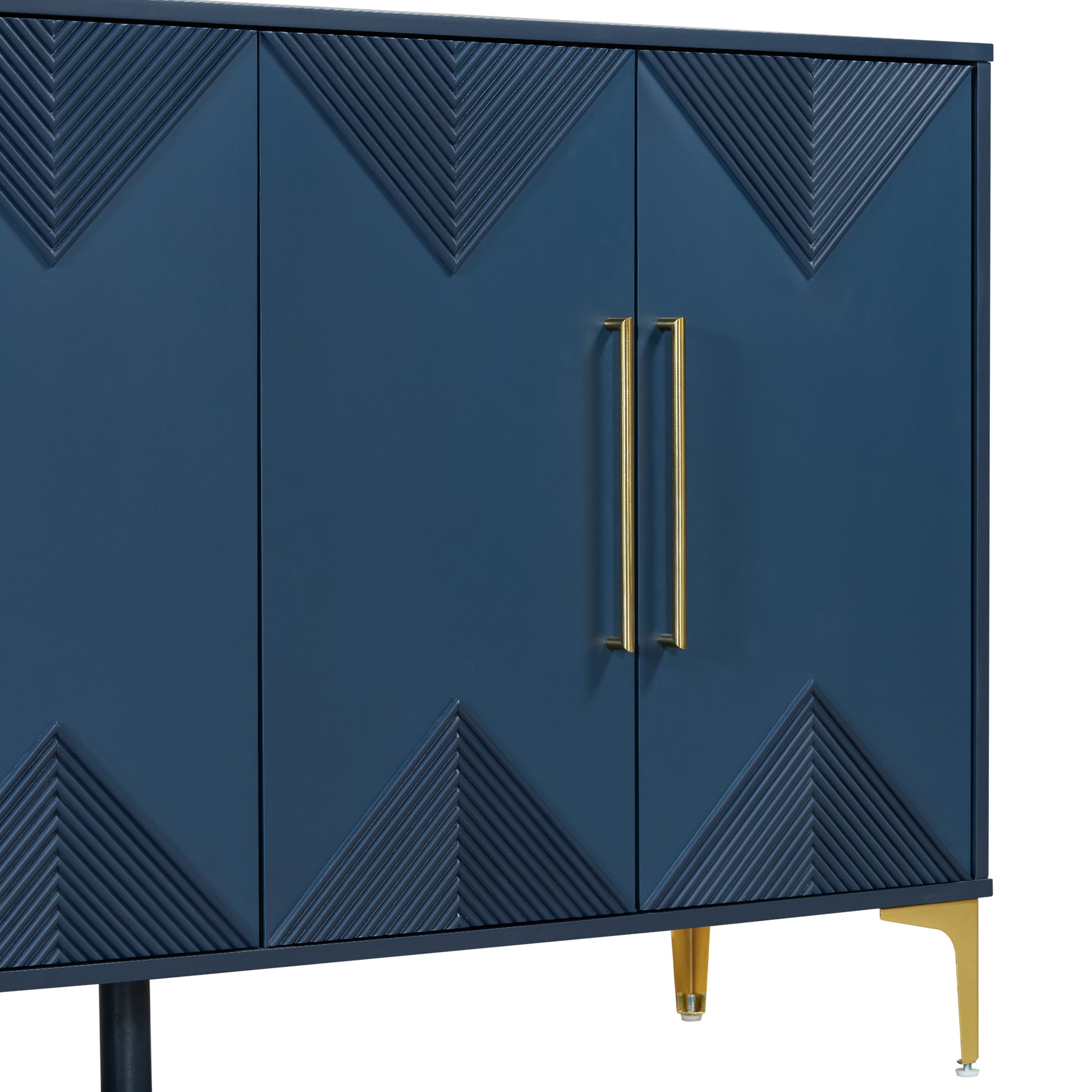 Unique Features Of A Four Door Cabinet With Two Tone Triangular Pattern Doors, Suitable For Entryway, Hallway, Living Room 3 4 Spaces Navy Blue Primary Living Space Adjustable Shelves Artsy,Contemporary Mdf