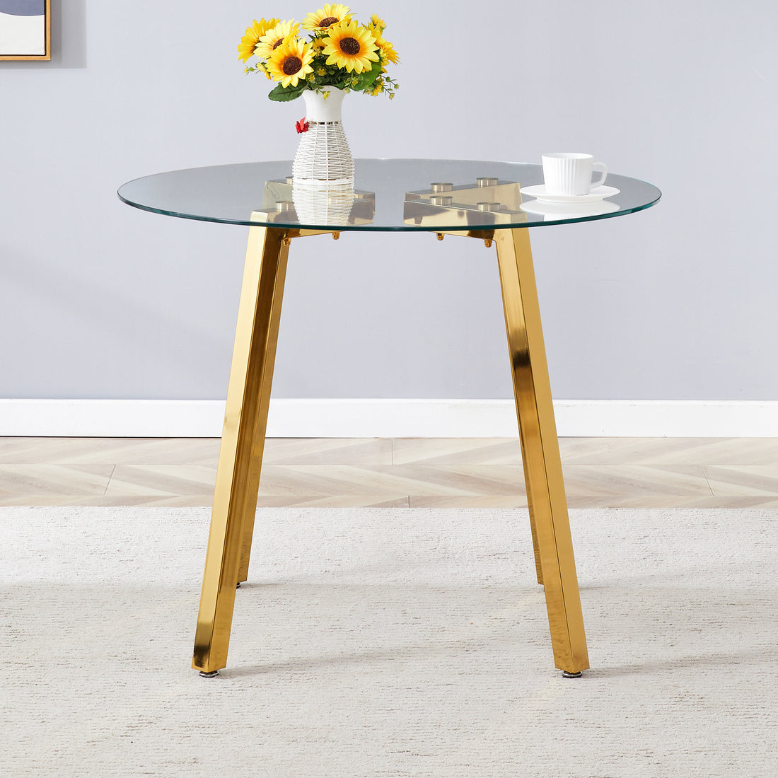 Modern Luxurious Round Tempered Glass Dining Table With Gold 7 Shaped Metal Legs,Suitable For Family Meals, Office Conferences, Or As A Casual Coffee Table For Various Occasions.36*36*29.5 Gold