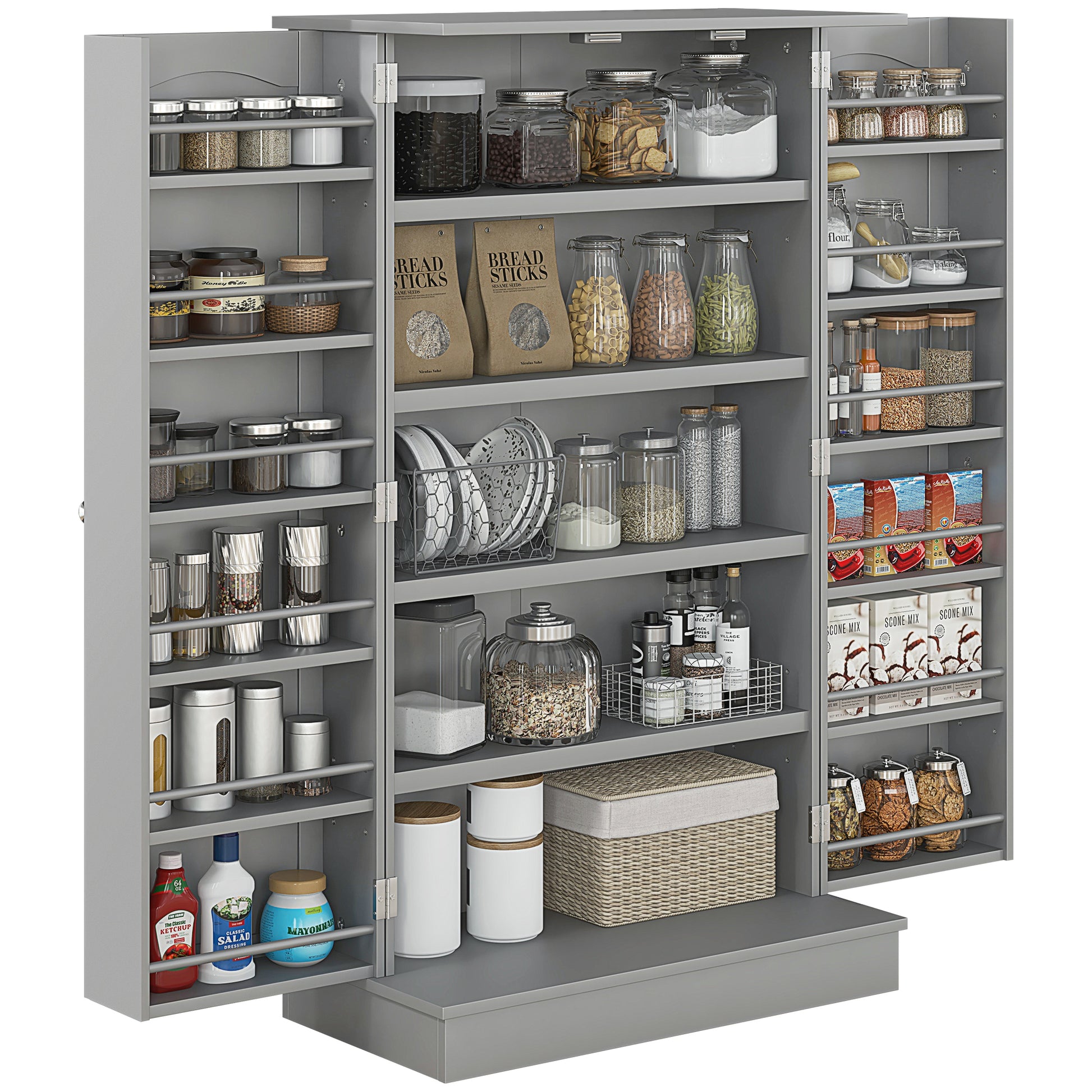 Homcom 41" Kitchen Pantry Storage Cabinet, Freestanding Kitchen Cabinet With 12 Door Shelves, Double Doors, 5 Tier Shelving And Adjustable Shelves, Paper Gray Gray Mdf
