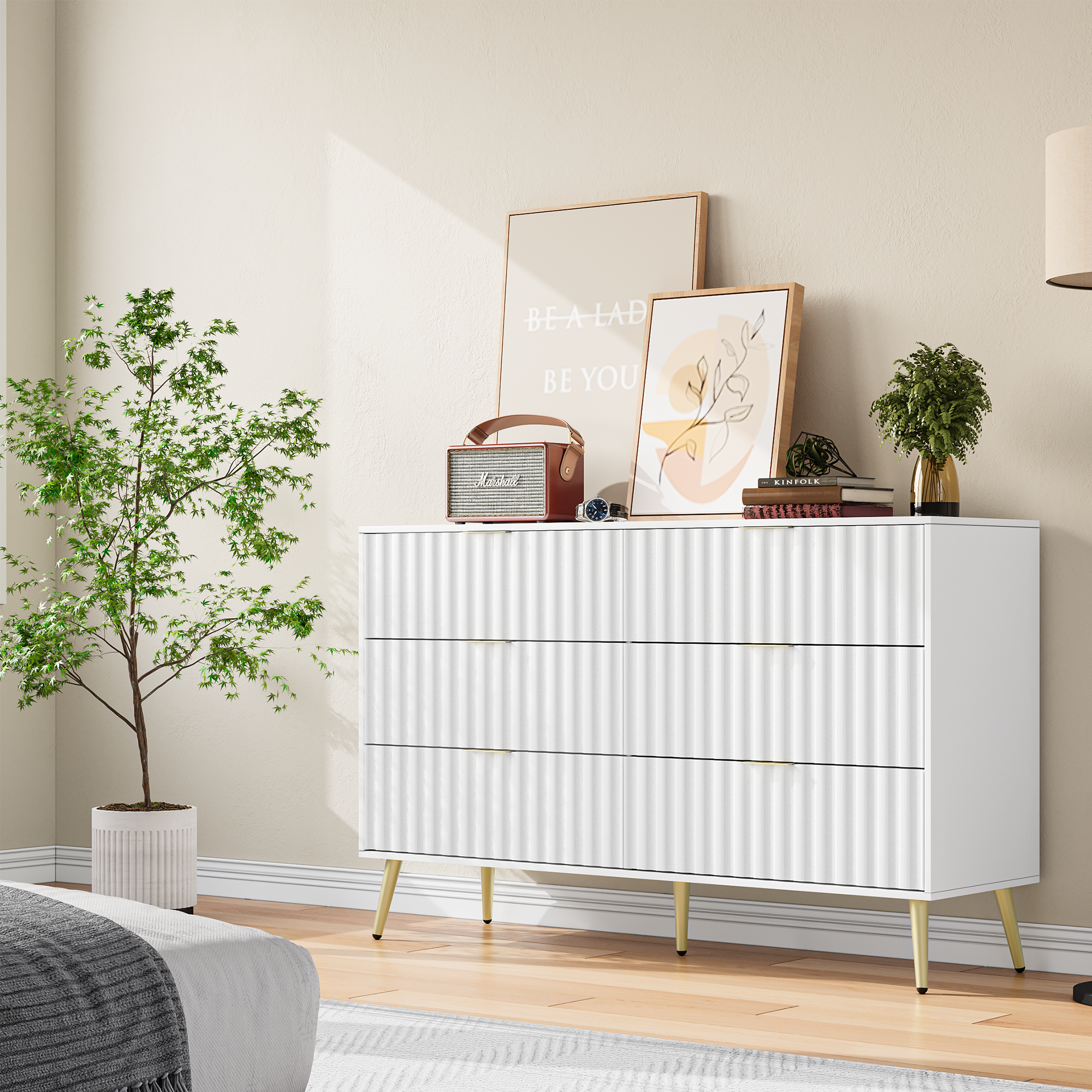 White Modern 6 Drawer For Living Room For Hallway Wide Chest Of Drawer