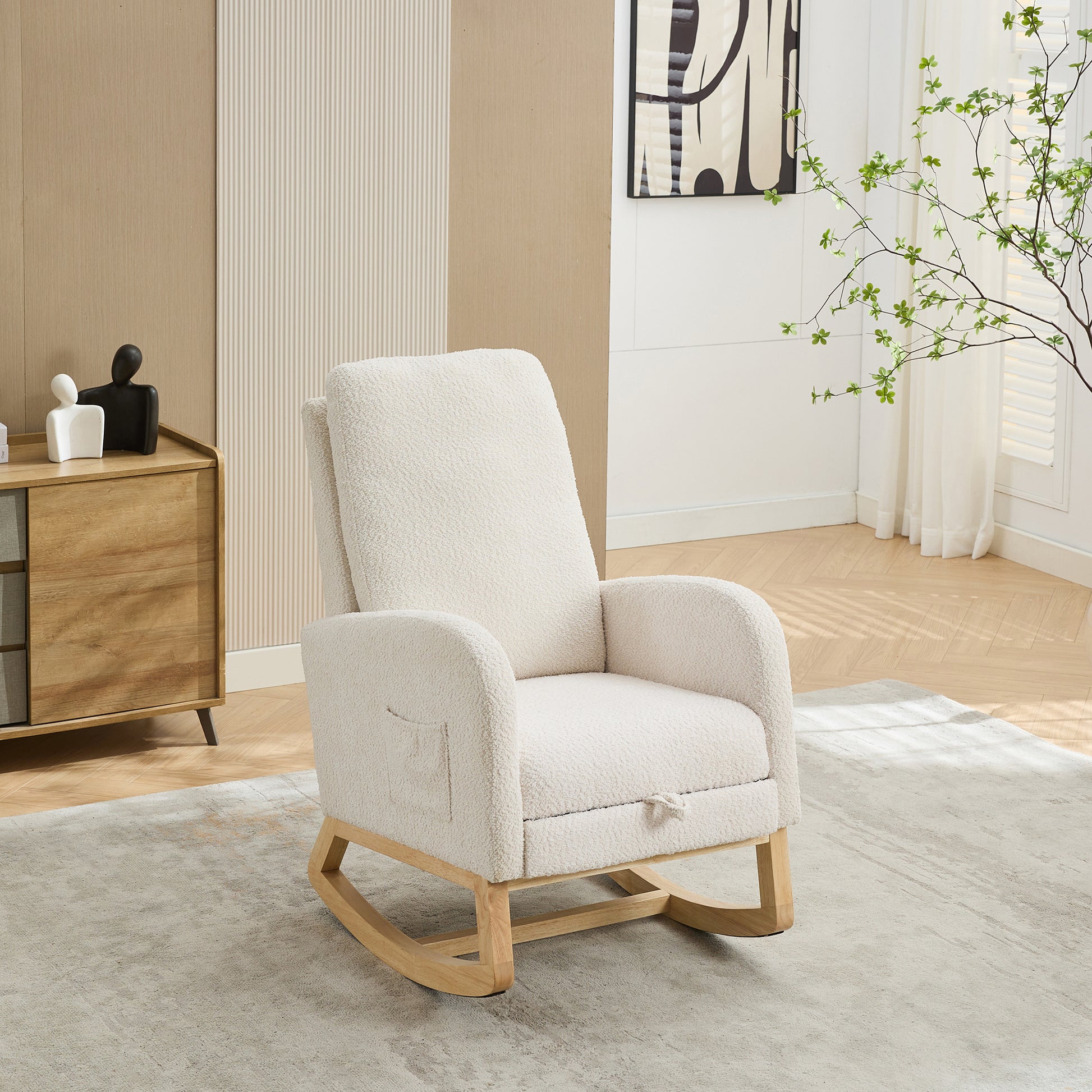 25.4"W Rocking Chair For Nursery, High Back Glider Chair With Retractable Footrest, Side Pocket, Rocking Accent Armchair With Rubber Wood Legs For Living Room Bedroom.Ivory Ivory Boucle