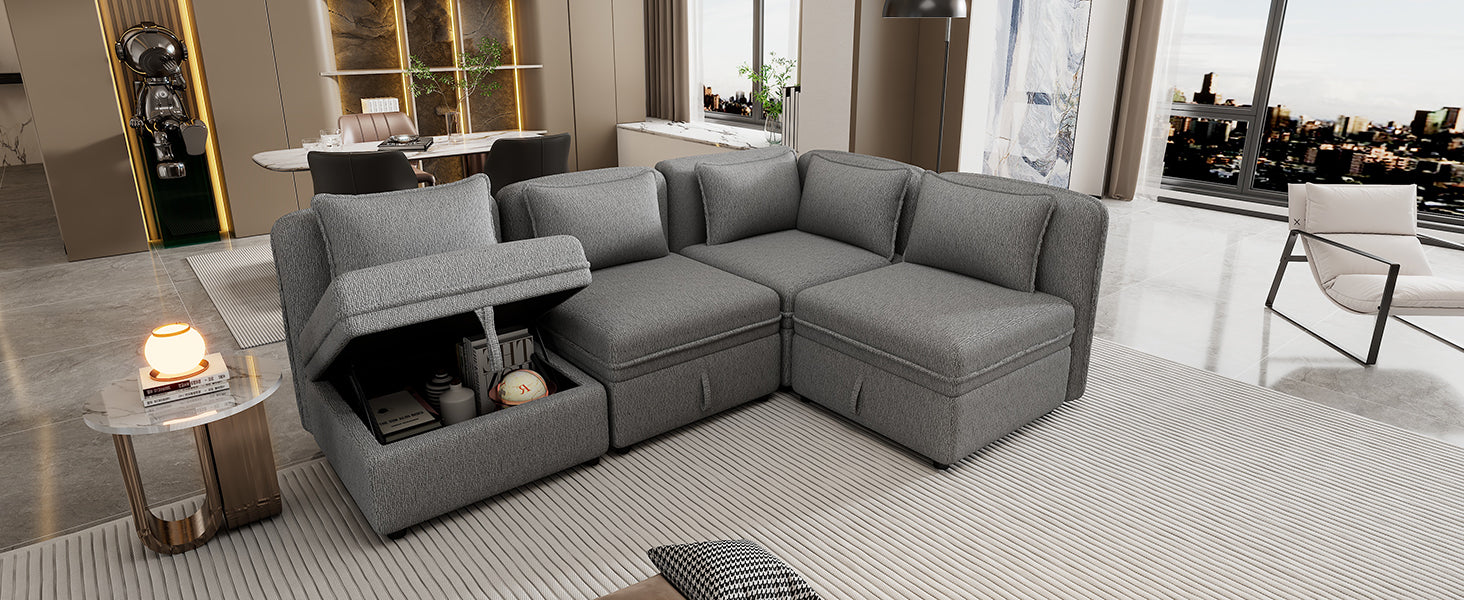 122.8" Convertible Modular Minimalist Sofa Free Combination 4 Seater Sofa Chenille Fabric Sectional Sofa With 5 Pillows For Living Room, Office, Apartment, Small Space, Gray Gray Foam Chenille 4 Seat