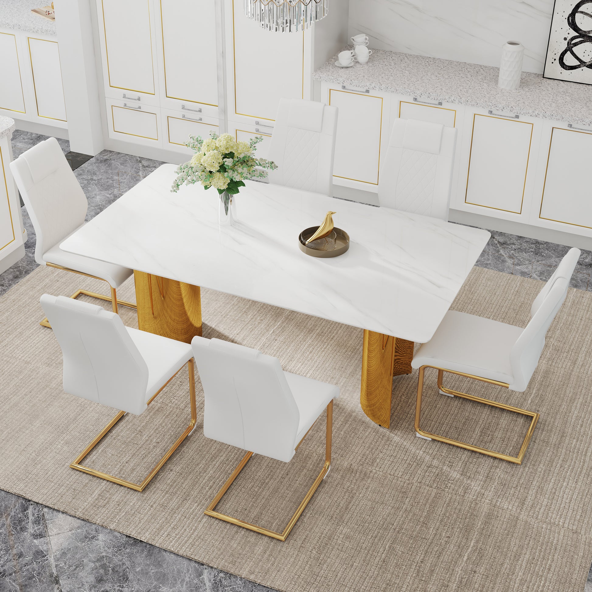 Table And Chair Set.The Table Has A Glass Tabletop With Imitation Marble Pattern Stickers And Stainless Steel Golden Table Legs. Paried With Comfortable Chairs With Pu Seats And Metal Legs. White Gold Seats 6 Glass Metal