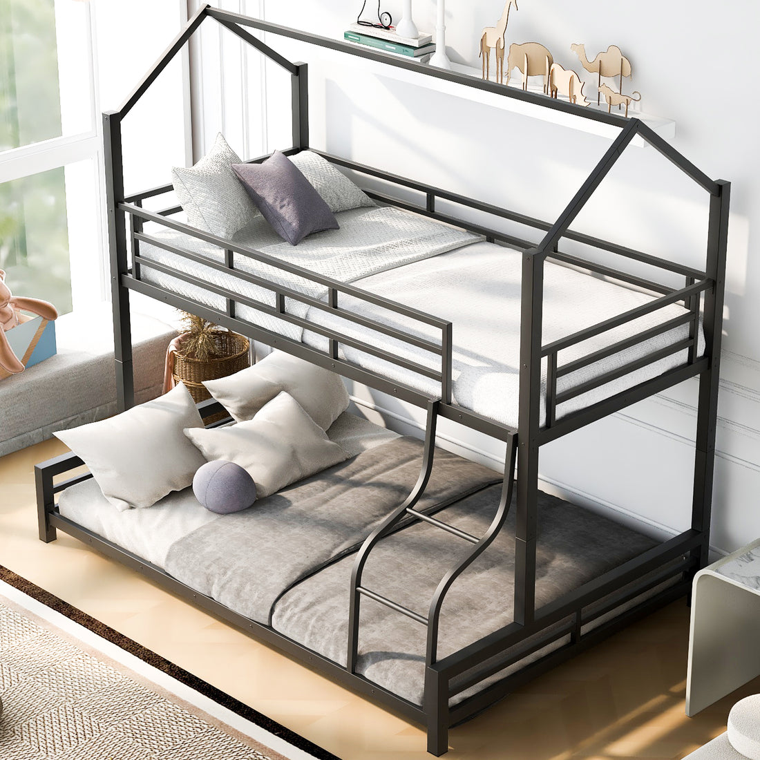Metal House Bunk Bed, Twin Over Full, Black Full Black Metal