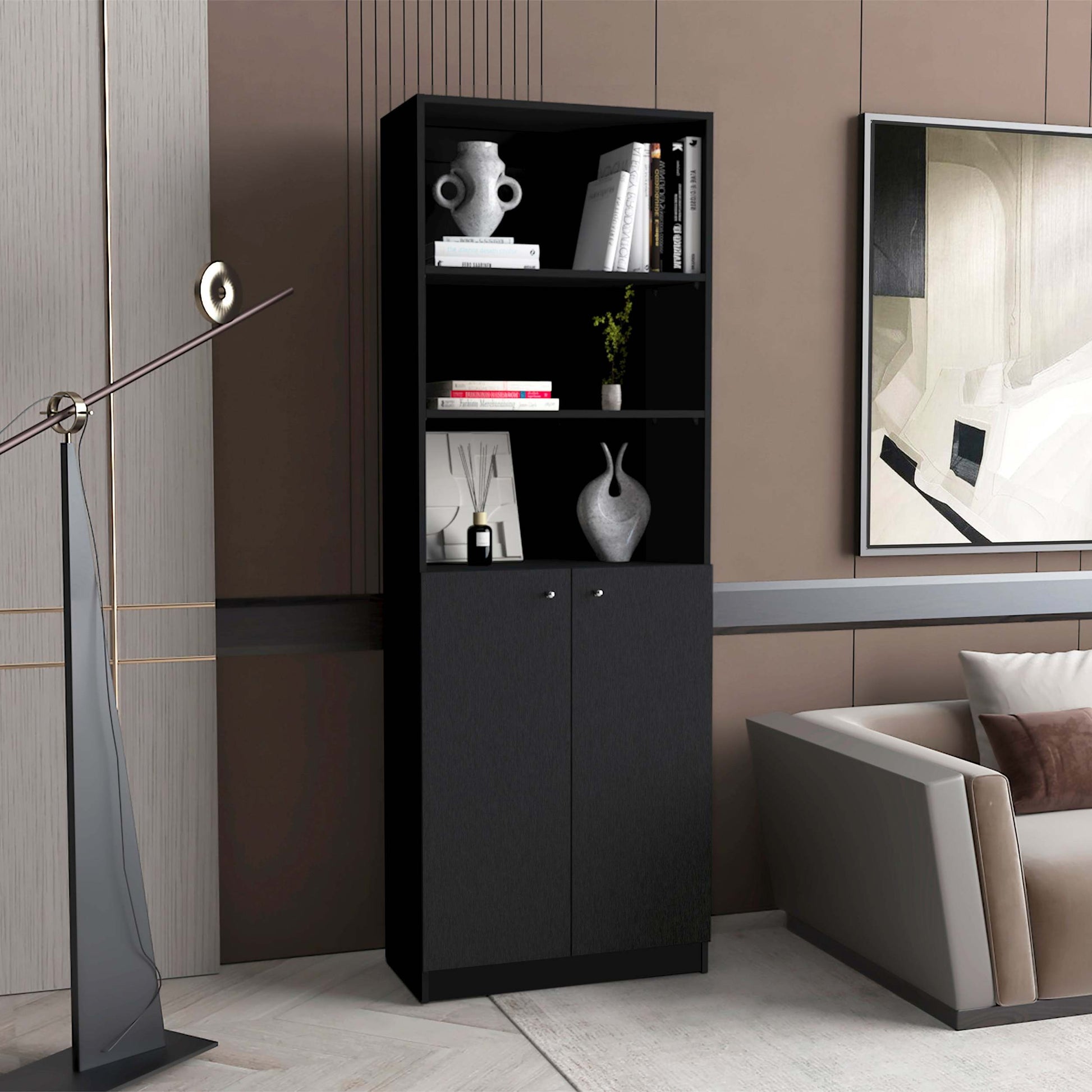 Black 2 Door Bookcase Black Primary Living Space Wood