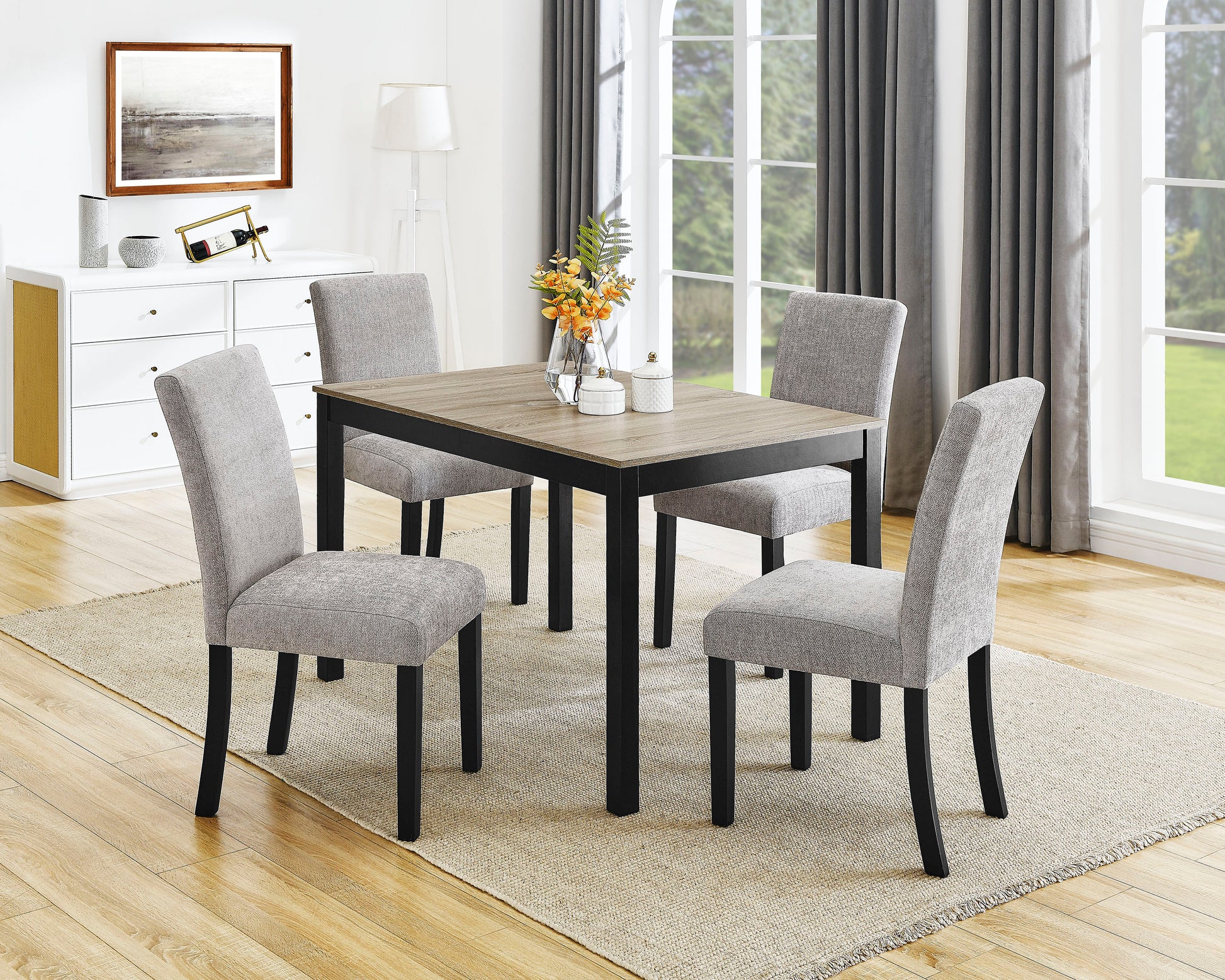 4Pc Contemporary Parson Style Chairs Black Frame Upholstered Padded Soft Textured Gray Fabric Wooden Dining Room Home Furniture Black,Gray Dining Room Contemporary,Modern Dining Chairs Set Of 4 Or