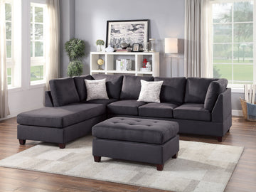 Contemporary 3Pc Reversible Sectional Sofa Set W Ottoman Ebony Microfiber Cushion Sofa Chaise Ottoman Couch Pillows Ebony Microfiber Wood Primary Living Space Cushion Back Contemporary,Modern L Shaped Rubberwood Particle Board 5 Seat