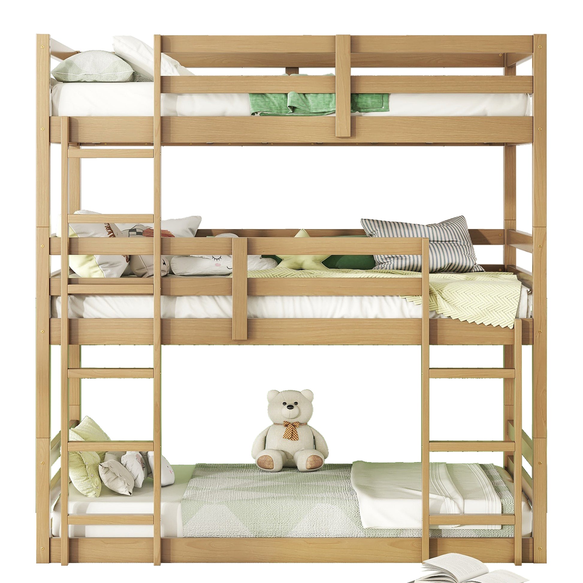 Triple Rubber Wood Bunk Bed With Two Built In Ladders, Guardrails, Twin Over Twin Over Twin, Detachable Triple Twin Bunk Bed,White Oak Twin White Oak Bedroom American Design Bed Frame Rubber Wood