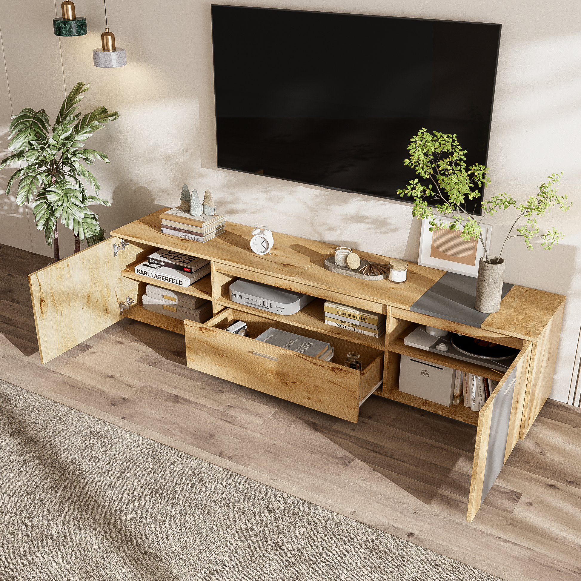 70'' Modern Tv Stand With 3 Cabinets& Drawer, Entertainment Center For Tvs Up To 80'', Color Matching Television Console For Living Room, Bedroom, Home Theatre Grey,Natural Wood Brown Primary Living Space 70 79 Inches 70 79 Inches 70 Inches Particle