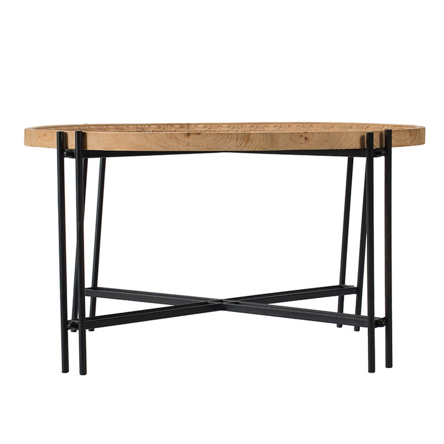 32 Inch Fir Wood Coffee Table, Intersecting Metal Legs, Brown And Black Brown Wood