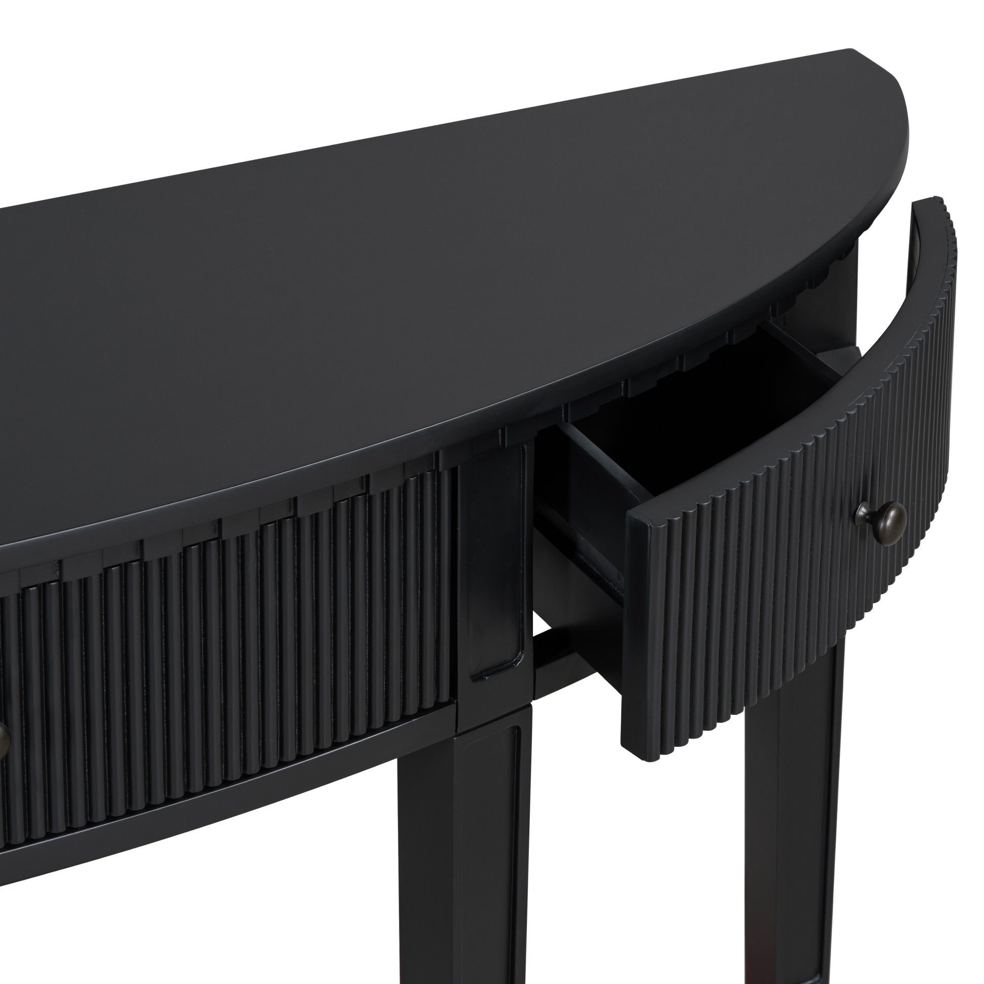 Distinctive Features Of Pine Veneer Console Table With Vertical Stripe Drawer Fronts And Four Legs Black Primary Living Space Minimalist Mdf