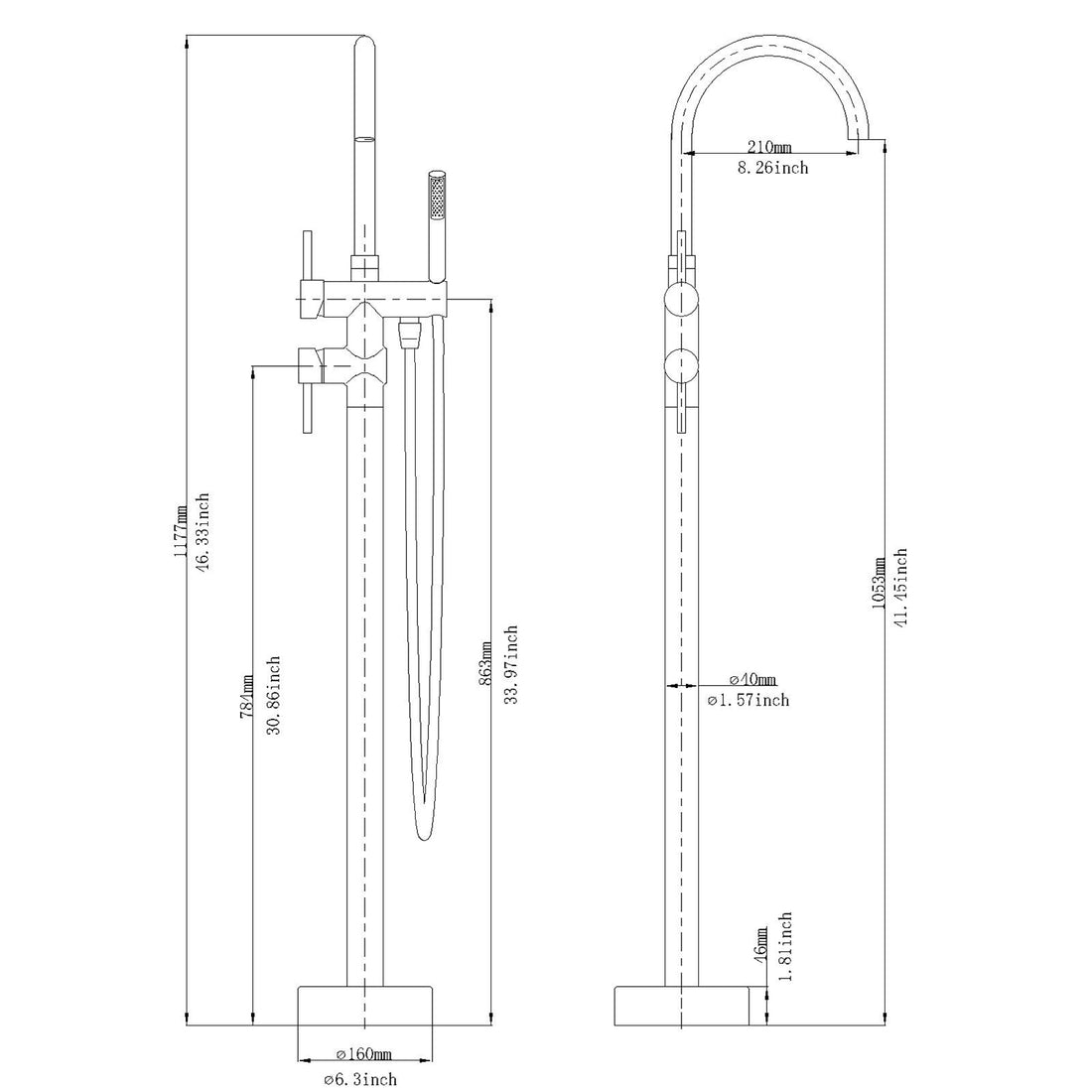 Freestanding Matte Black Bathtub Filler With Dual Handles And Hand Shower Matte Black Brass