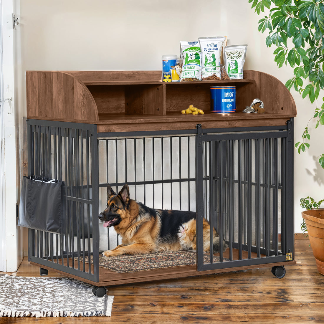 44'' Heavy Duty Large Dog Crate Furniture For Large Medium Dog With Lockable Wheels, Wooden Dog Crate Dog Kennel, End Table Crate With Double Layer Storage, Brown Brown Engineered Wood