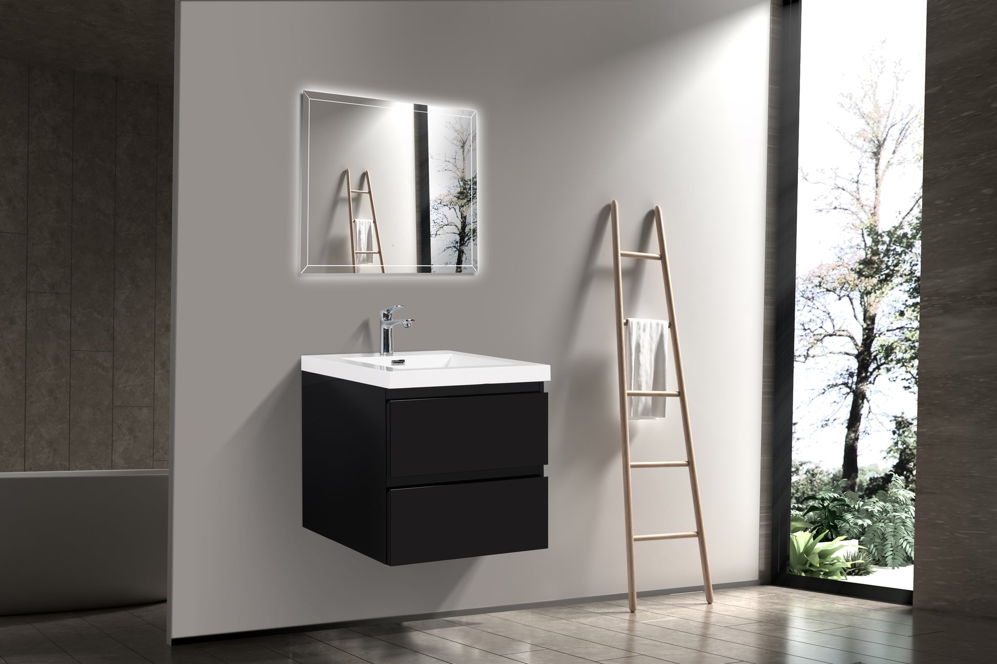 24" Floating Bathroom Vanity With Sink, Modern Wall Mounted Bathroom Storage Vanity Cabinet With Resin Top Basin And Soft Close Drawers, Glossy Black 24V11 24Gb 2 Black Wall Mounted Mdf