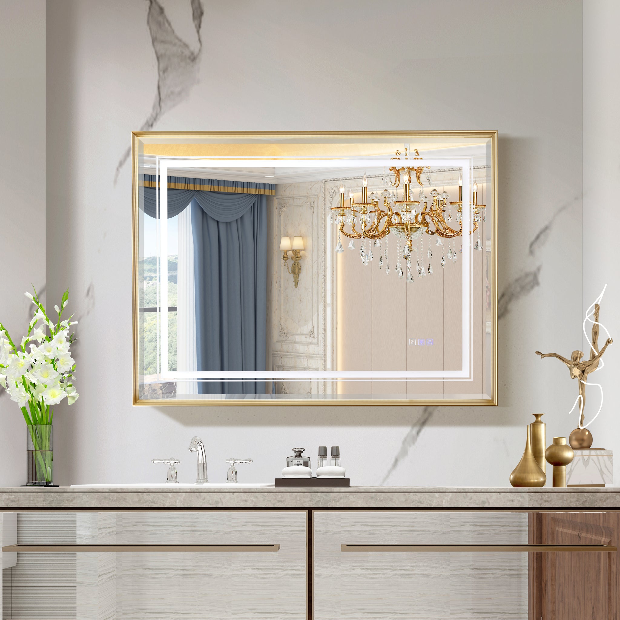 40*30Inch Led Bathroom Beveled Mirror,3000 6000K Gradient Front And Backlit Led Mirror For Bathroom,3Colors Dimmable,Ip54 Enhanced Anti Fog,Hanging Plates Wall Mount Lighted Mirror. Beveled Mirror Gold Aluminium Alloy