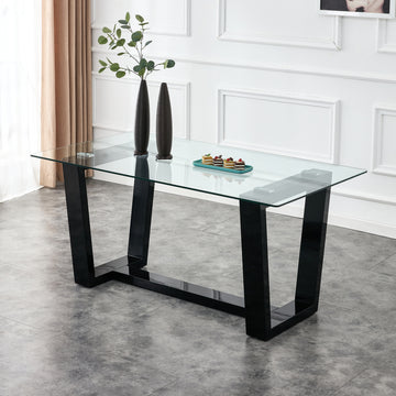 Seating 6 8 People, This Modern, Minimalist Rectangular Dining Table Features A Tempered Glass Top And A Sleek Black Mdf Stand. Suitable For Kitchen, Dining Room, Living Room, Meeting Room Transparent Mdf Glass