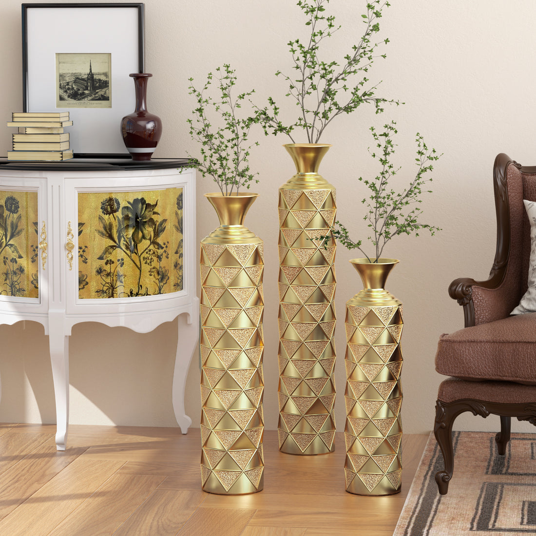 Metal Decorative Vase High Distress Metal Center Vase With 3D Triangle Pattern, Set Of 3 Vases For Home Decoration 33.5 ", 29.5 ", 25.2 "High, Gold Antique Gold American Design,American Traditional,Antique,Art Deco Metal