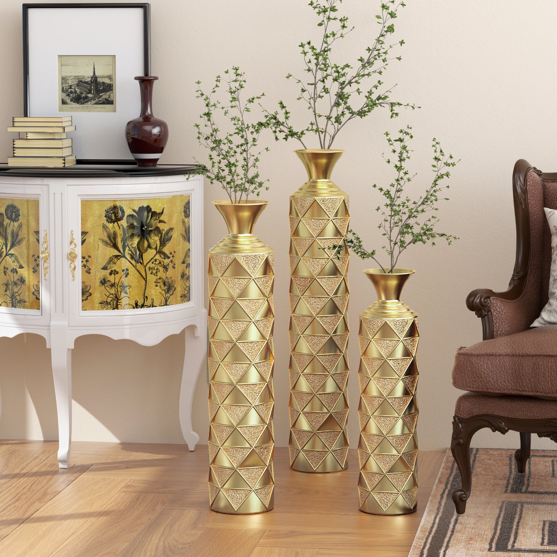 Metal Decorative Vase High Distress Metal Center Vase With 3D Triangle Pattern, Set Of 3 Vases For Home Decoration 33.5 ", 29.5 ", 25.2 "High, Gold Antique Gold American Design,American Traditional,Antique,Art Deco Metal