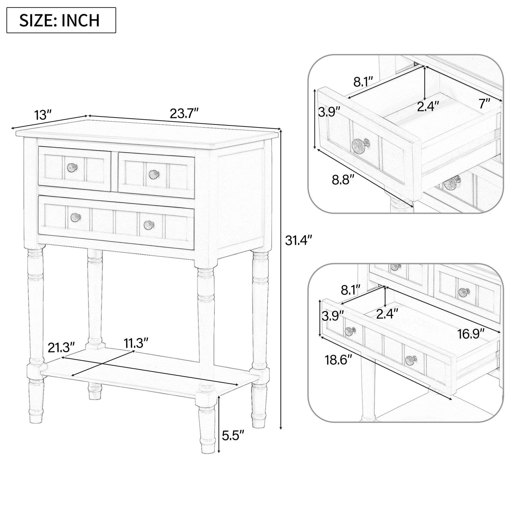 Narrow Console Table, Slim Sofa Table With Three Storage Drawers And Bottom Shelf Black Black Solid Wood Mdf