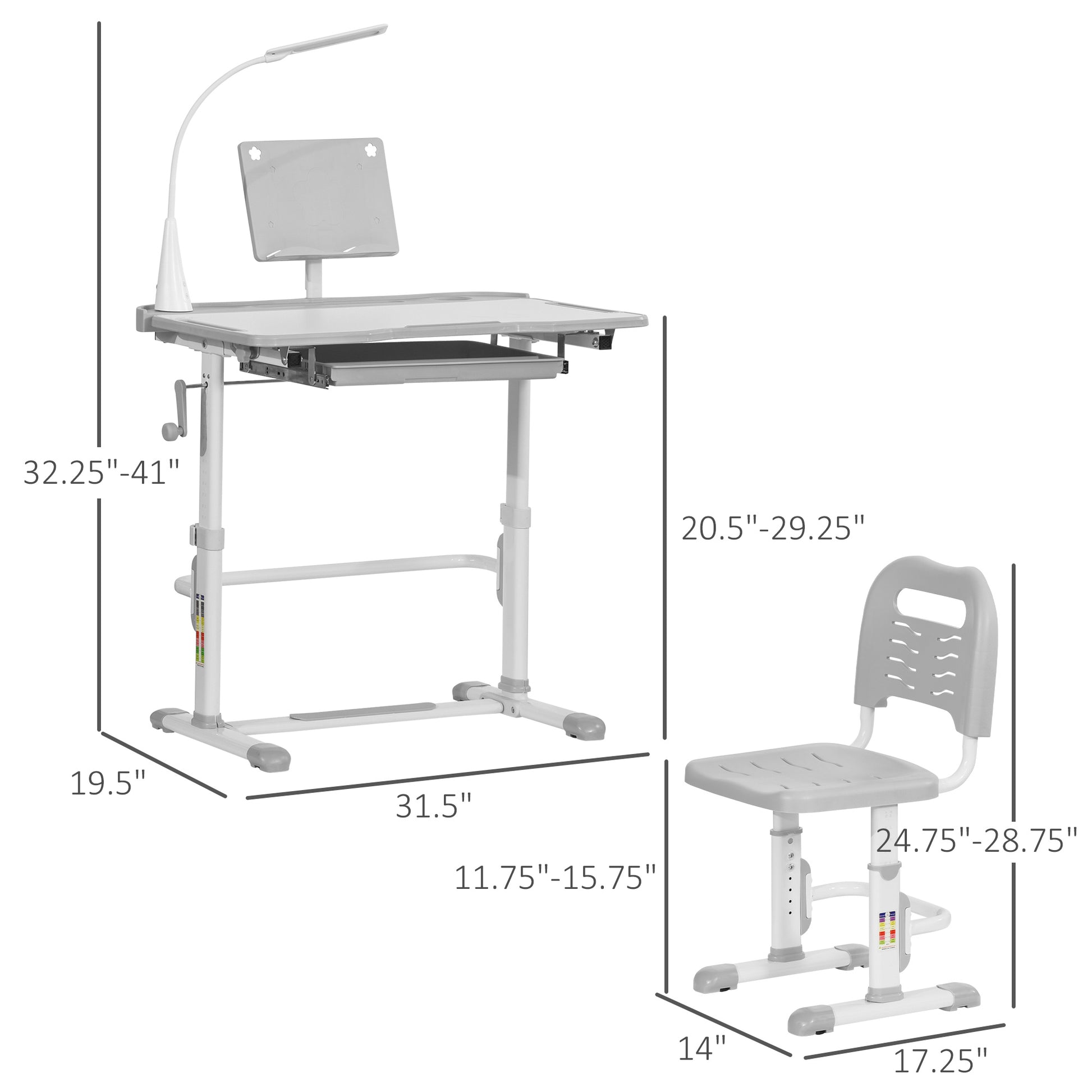 Qaba Kids Desk And Chair Set, Height Adjustable School Study Table And Chair, Student Writing Desk With Tilt Desktop, Led Light, Pen Box, Drawer, Reading Board, Cup Holder, And Pen Slots, Grey Grey