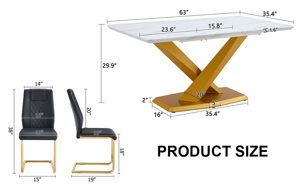 Table And Chair Set, The Table Is Equipped With A Marble Patterned Mdf Tabletop And Gold Table Legs.Dining Chairs,Gold Legged Upholstered Chairs Made Of Artificial Leather. Black Gold Seats 6 Mdf