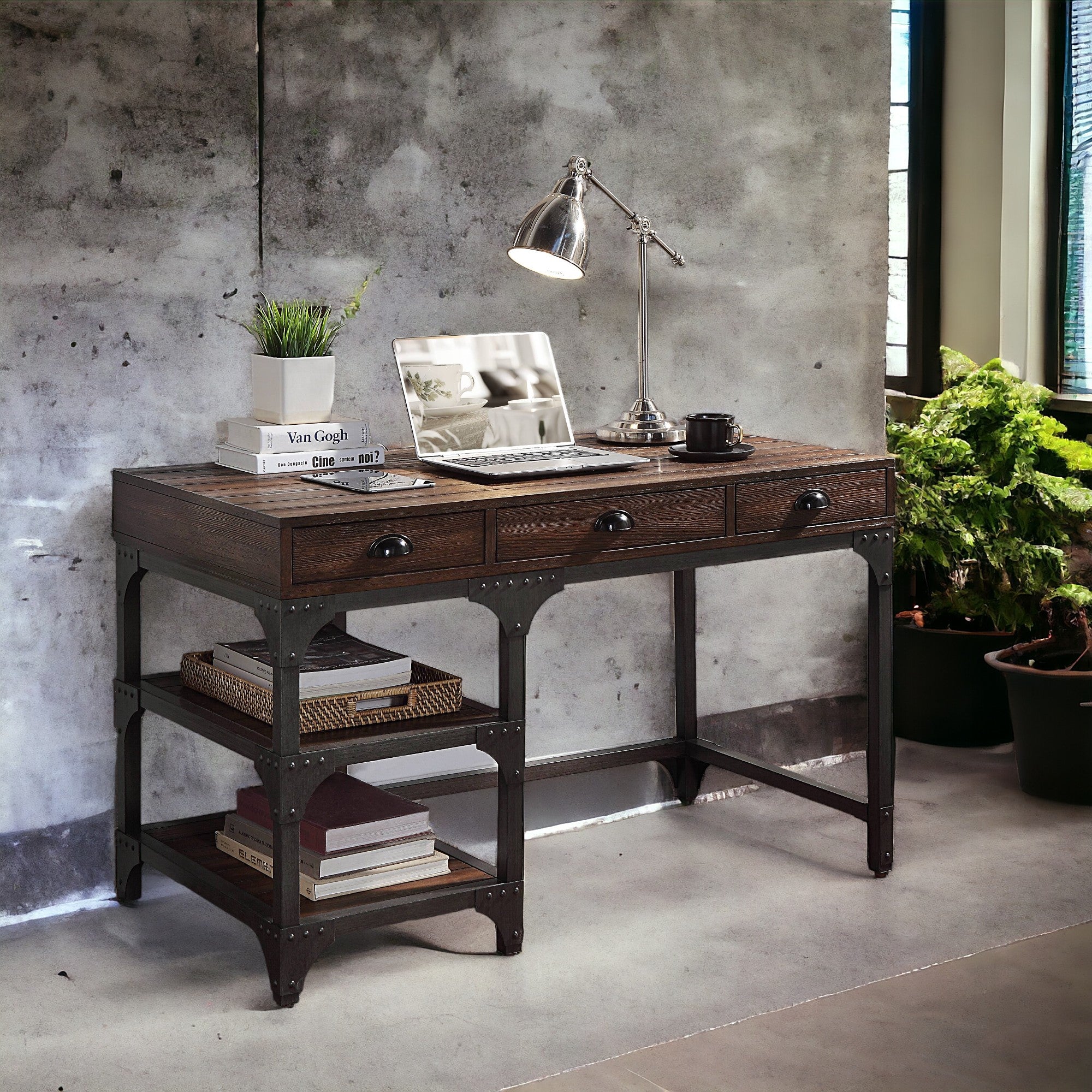 Espresso Oak And Antique Black 3 Drawer Writing Desk Espresso Writting