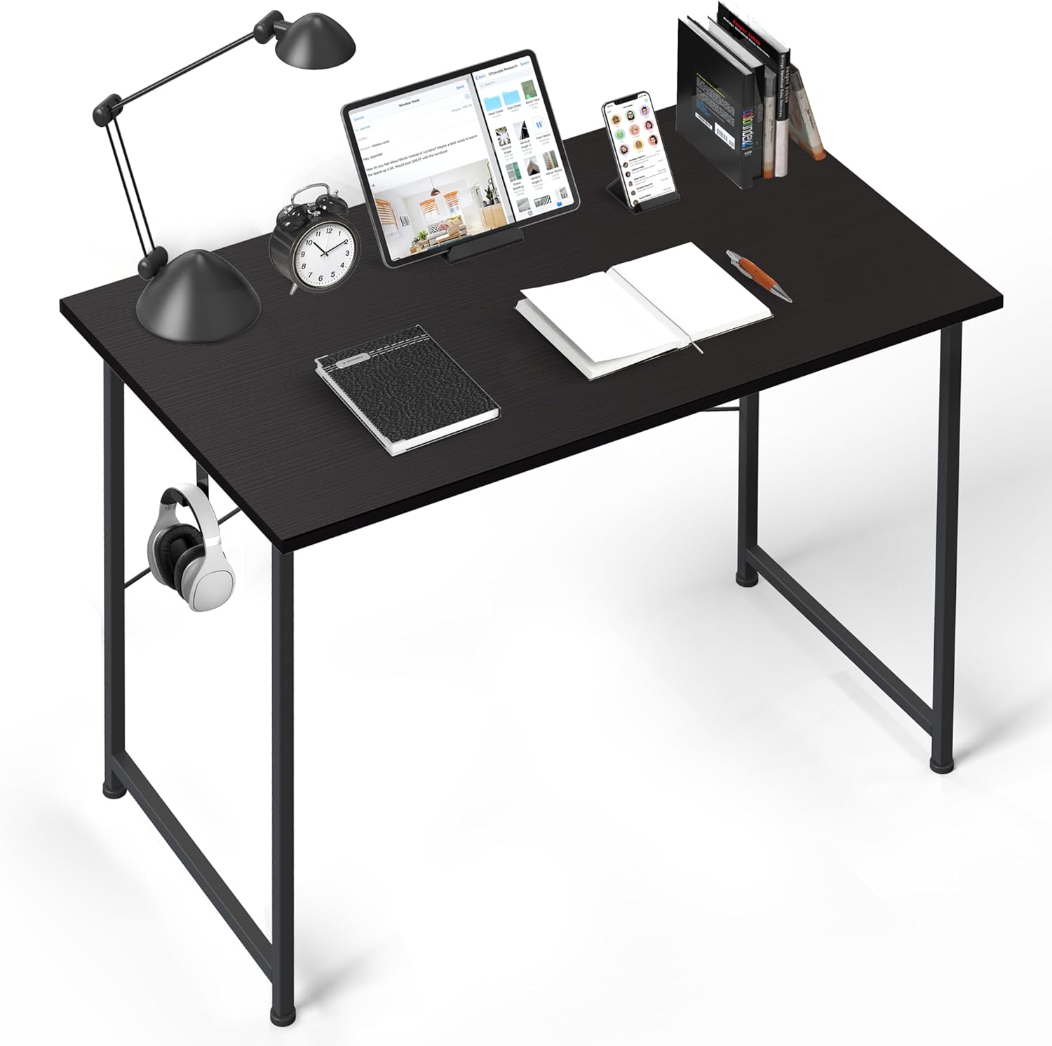 Small Space Writing Desk With Headphone Hooks Modern Simple Design, Suitable For Study, Home Office And Children'S Room, 40 Inch, Black Black Wood