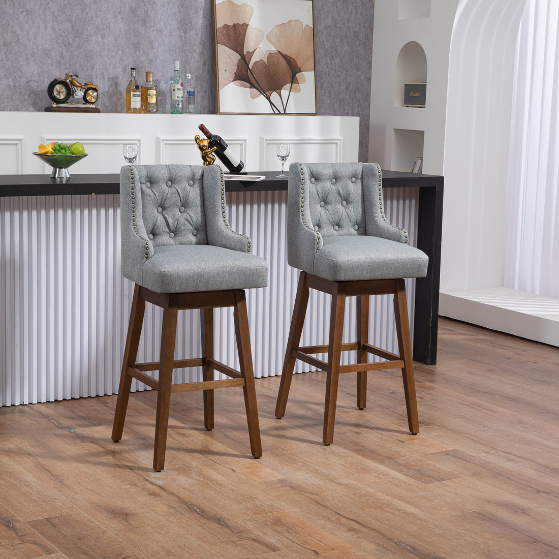 Coolmore Bar Stools Set Of 2 Counter Height Chairs With Footrest For Kitchen, Dining Room And 360 Degree Solid Wood Legs Swivel Bar Stools Set Of 2 Gary Linen Gray Foam Linen