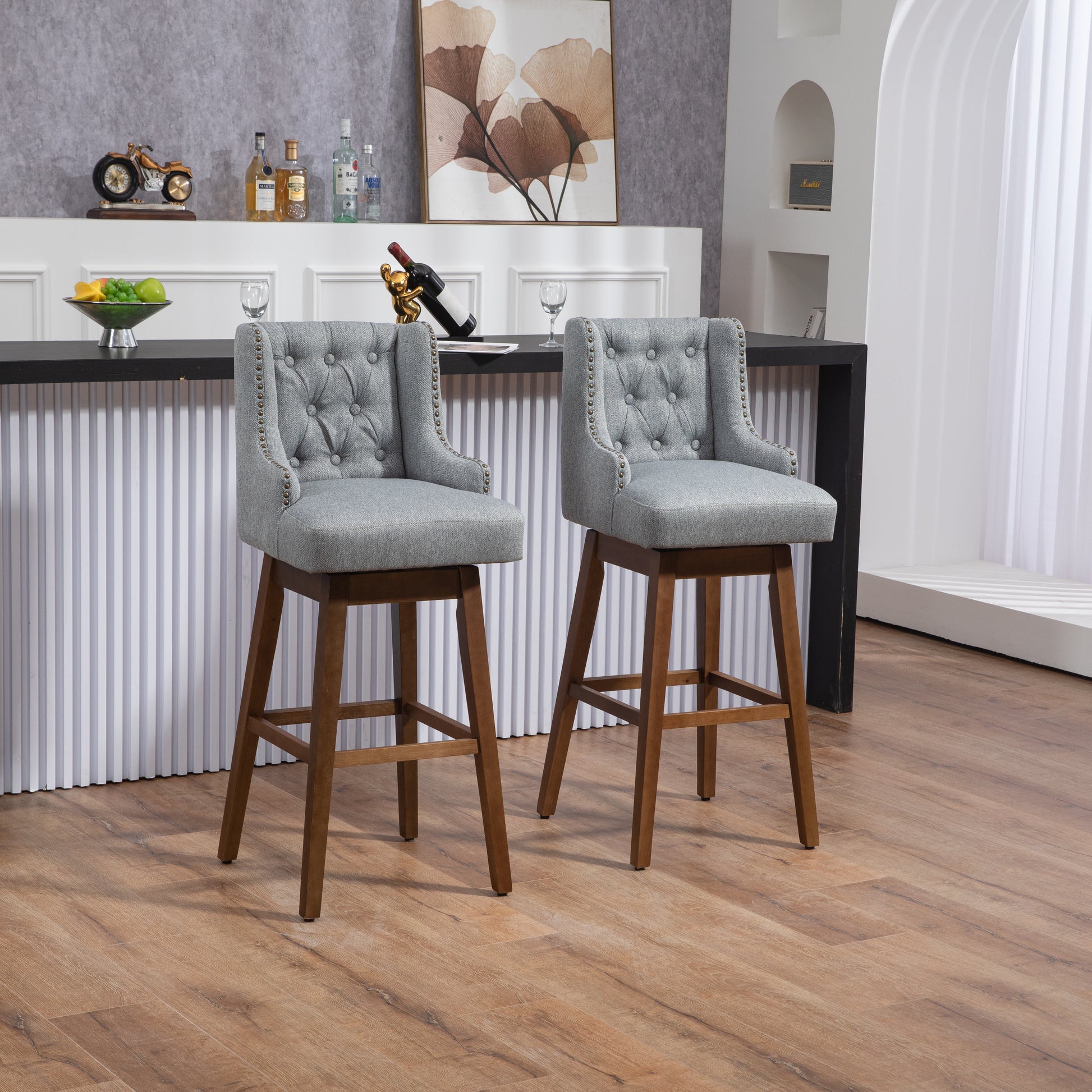 Coolmore Bar Stools Set Of 2 Counter Height Chairs With Footrest For Kitchen, Dining Room And 360 Degree Solid Wood Legs Swivel Bar Stools Set Of 2 Gary Linen Gray Foam Linen