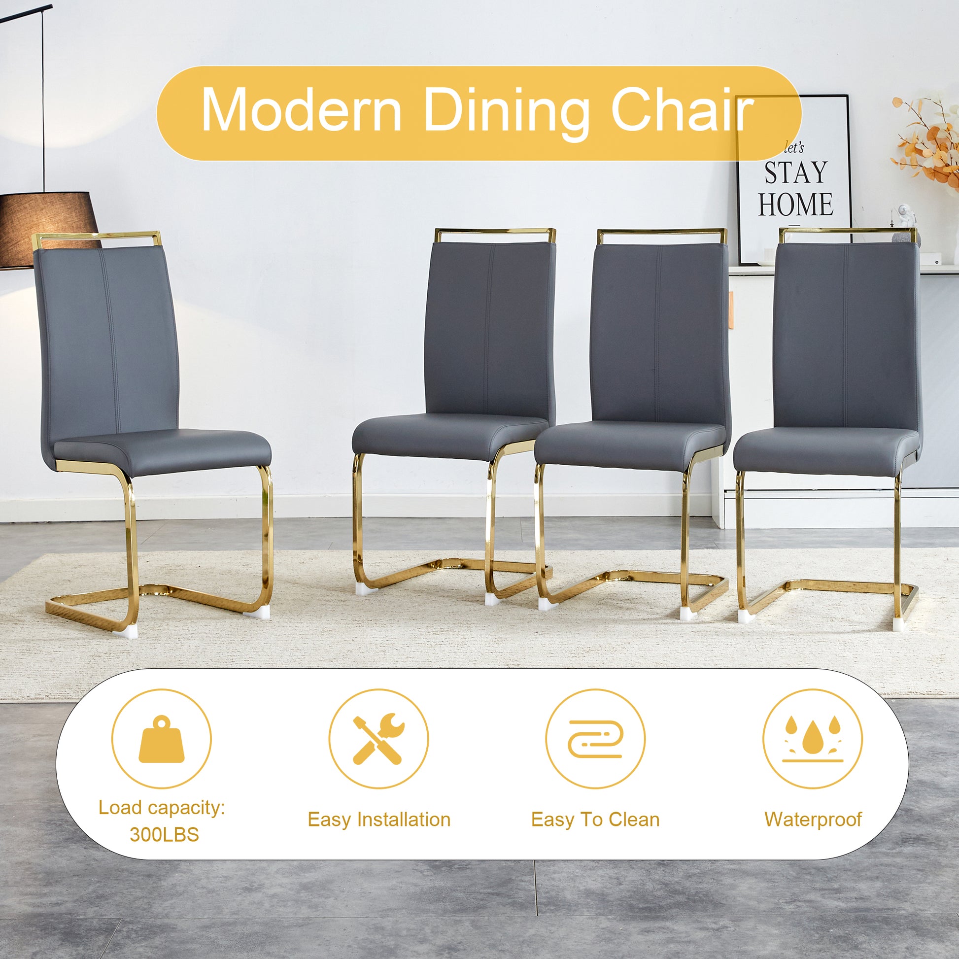 Table And Chair Set.67"X36" White Marble Pattern Mdf Dining Table Set With 8 Dark Gray Pu Chairs.Mdf Sticker,White Marble Pattern Sticker,Gold C Tube Chair Legs,Suitable For Kitchen,Dining Room,Etc.