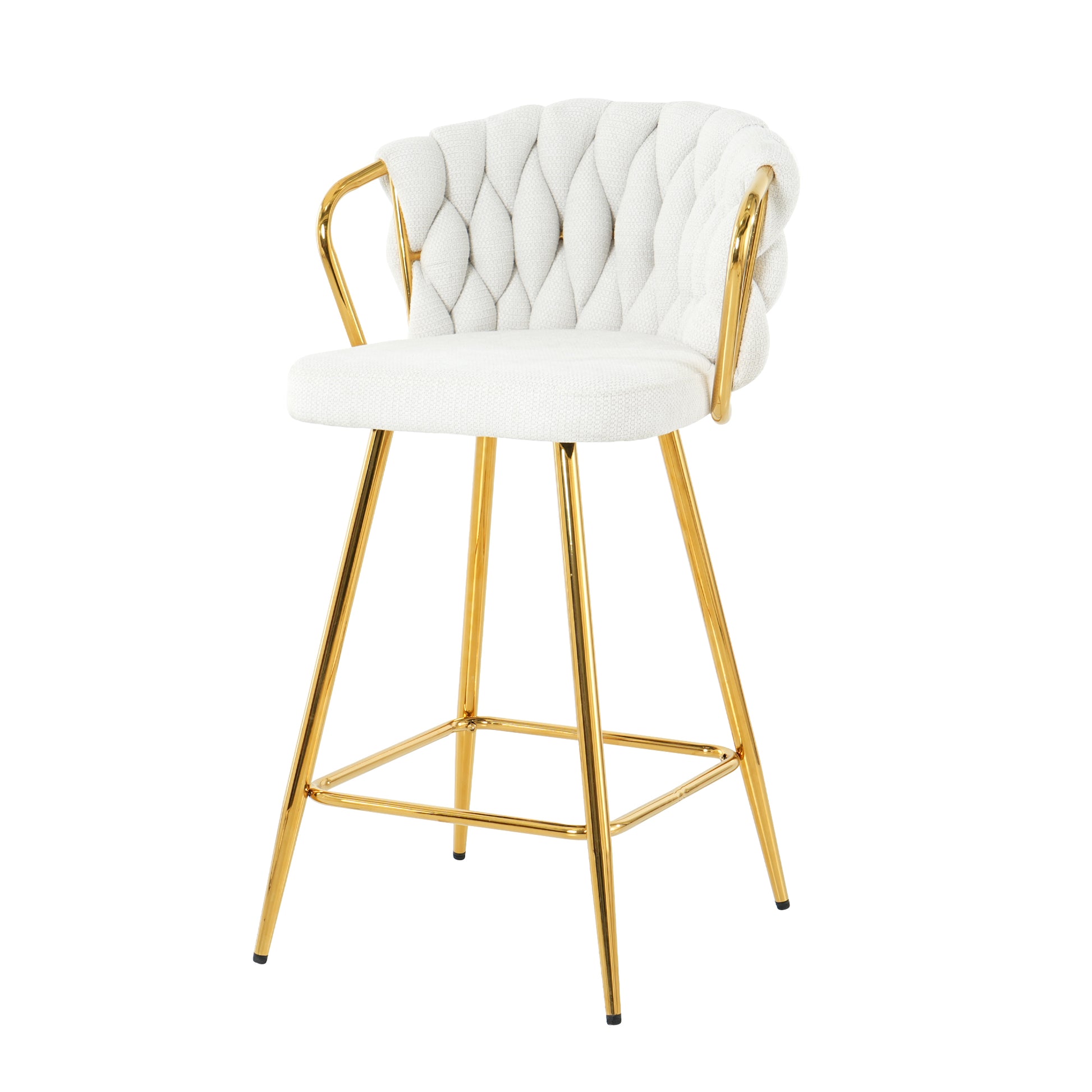 Stylish White Cotton And Linen Design, Gold Plated Metal Table Legs, Round Tempered Glass Countertop, Bar Chair Cover, Suitable For Bar, Restaurant, Bedroom Bar Chair, Set Of 3 Metal White Seats 2