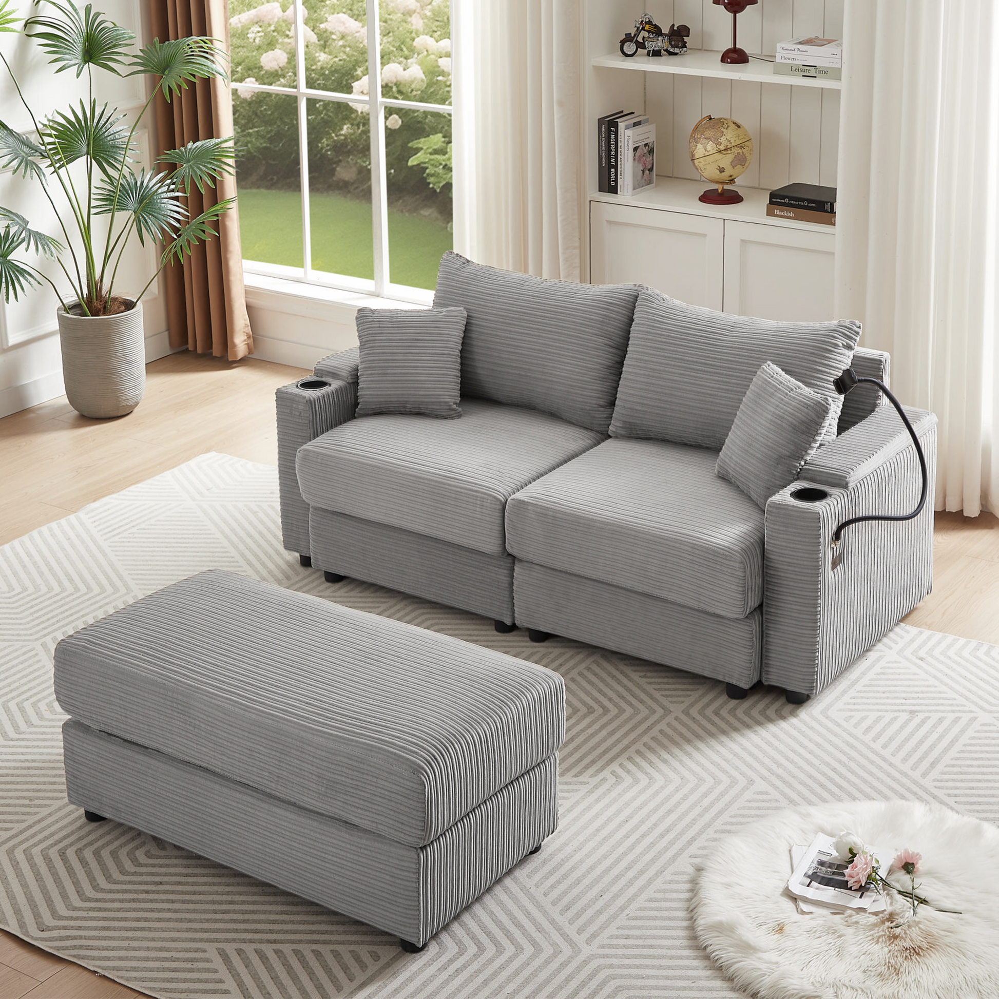 72.8" Modern Style Loveseat Sofa Sectional Sofa Couch With Storage Space, A Movable Ottoman, Two Usb Ports, Two Cup Holders, A Phone Holder For Living Room, Gray Gray Foam Corduroy 3 Seat