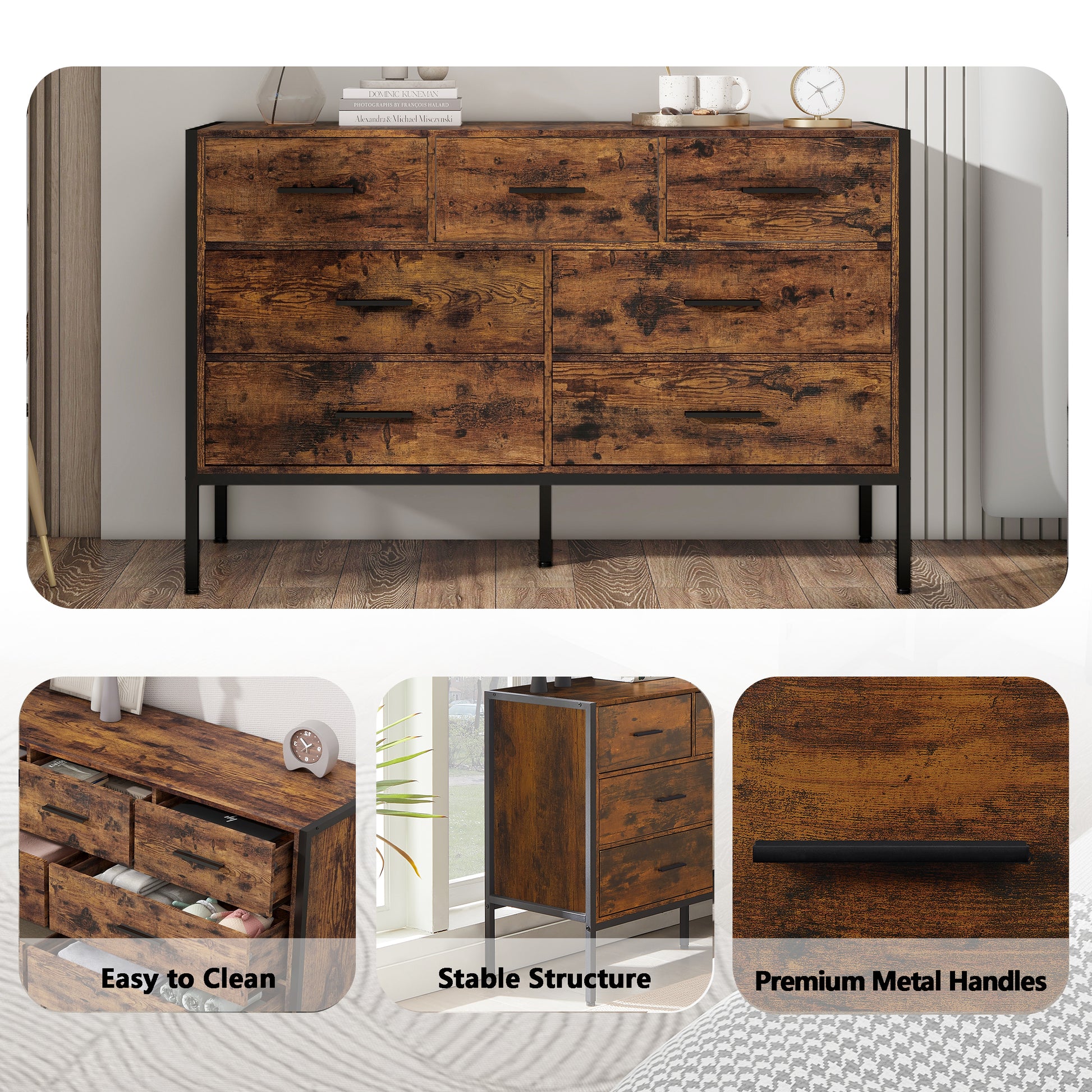 Wood Dresser With 7 Drawers, Wooden Storage Closet For Bedroom, Solid Clothes Cabinet With Sturdy Steel Frame, 48.58"W 15.75"D 31.22"H, 48 Inch, Rustic Brown Brown Particle Board