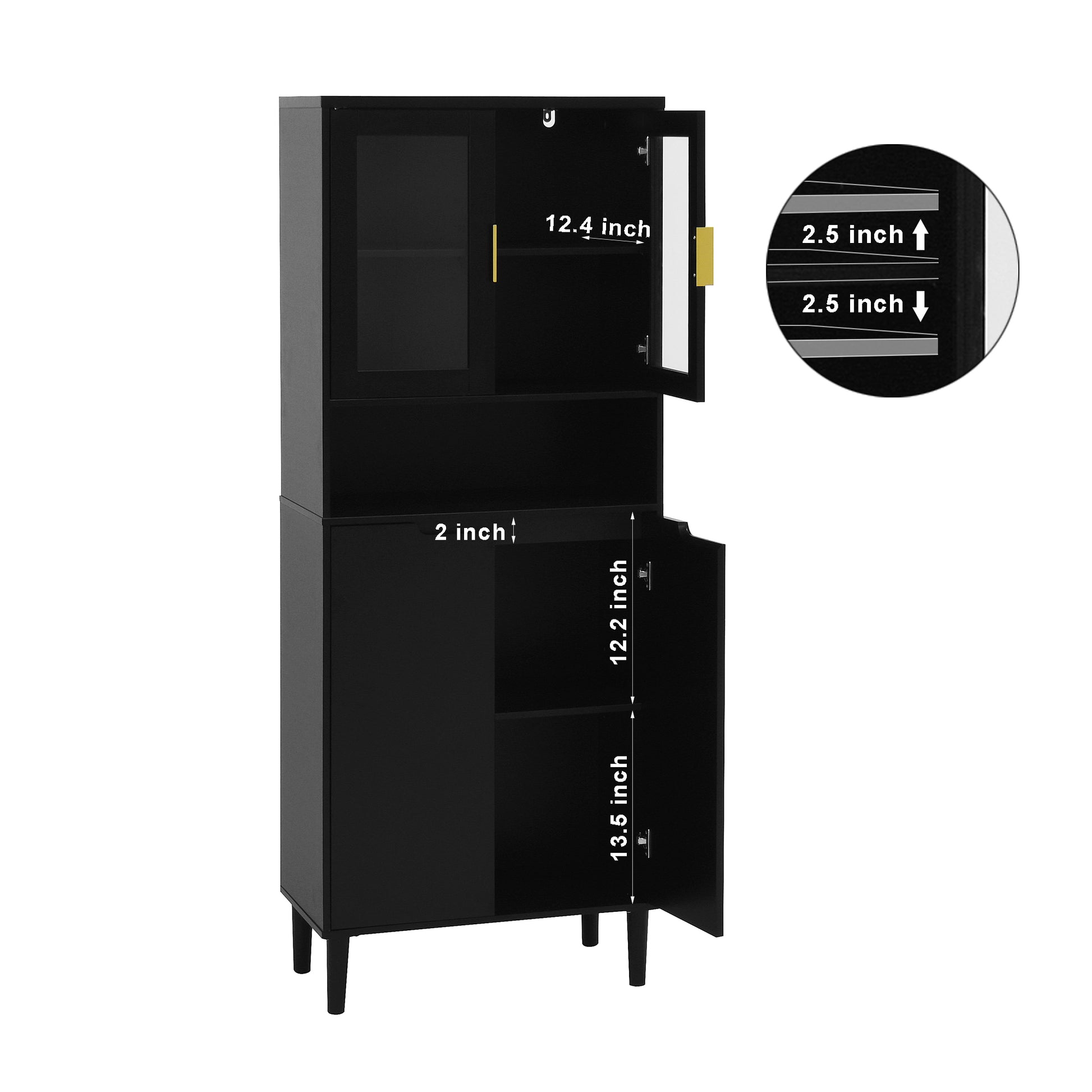 Tall Storage Show Cabinet With 2 Glass Display Door & 2 Doors, Tall Kitchen Pantry Cabinet With Gold Handles, Modern Cabinet Freestanding For Bathroom, Dining Living Room, Black Black Mdf