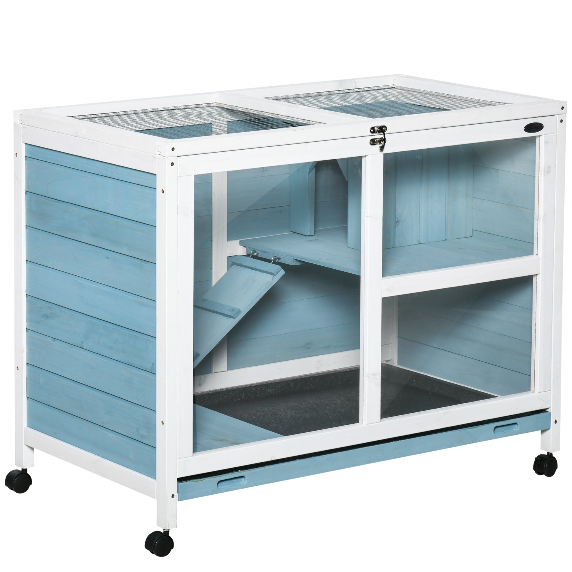 Pawhut Indoor Rabbit Hutch With Wheels, Desk And Side Table Sized, Wood Rabbit Cage, Waterproof Small Rabbit Cage, Light Blue Light Blue Wood