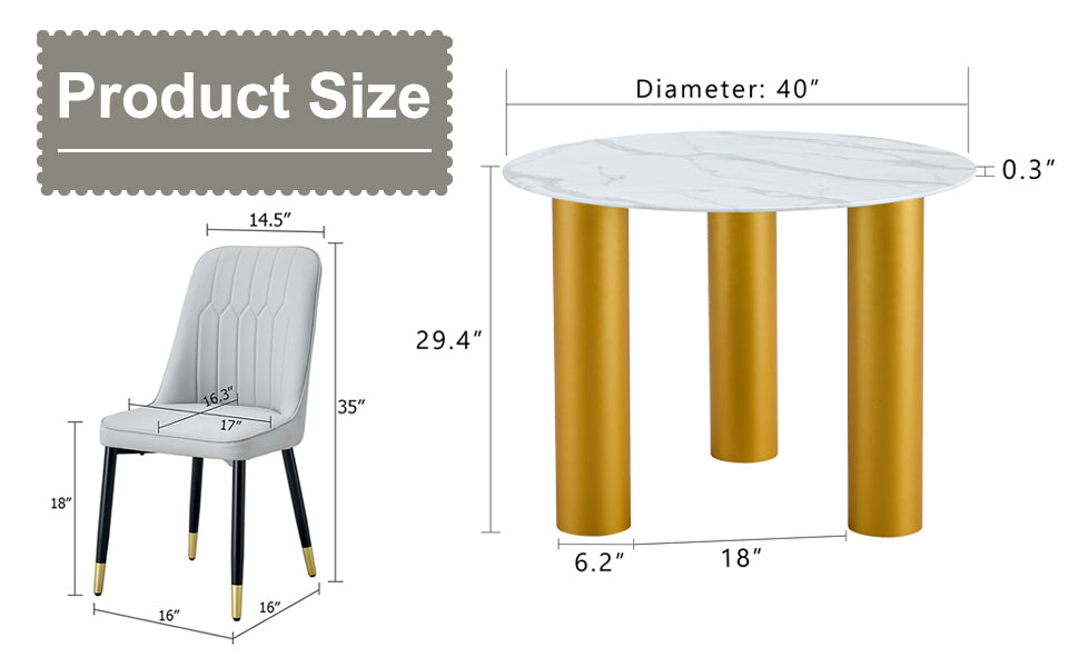 Table And Chair Set, Round Table With White Marble Pattern, Gold Mdf Table Legs, Soft And Comfortable Dining Chair, Suitable For Kitchen And Living Room White Seats 4 Mdf