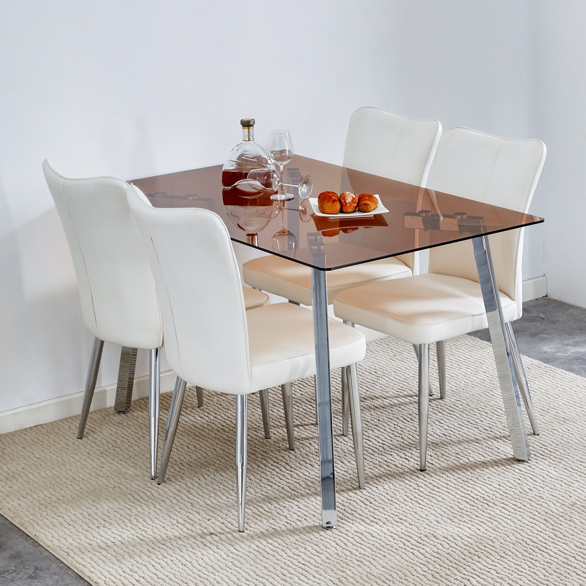 Table And Chair Set. Large Modern Rectangular Table With Brown Glass Top And Silver Metal Legs. It Comes With Soft And Comfortable Pu Seats, Faux Leather Upholstered Seats And Silver Metal Legs. Brown,White Seats 4 Glass Metal