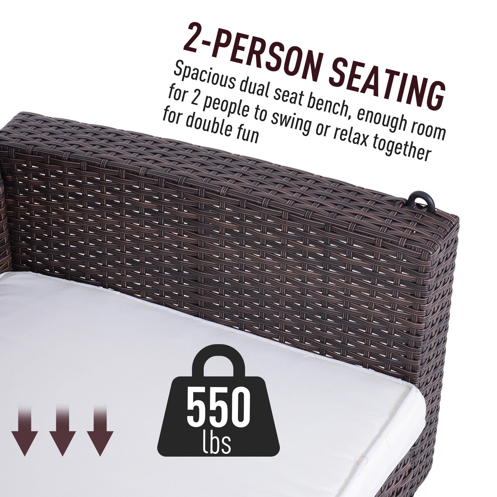 Outsunny 2 Person Wicker Hanging Swing Bench, Front Porch Swing Outdoor Chair With Cushions 550 Lbs. Weight Capacity For Backyard, Garden, Cream White Brown Rattan Metal