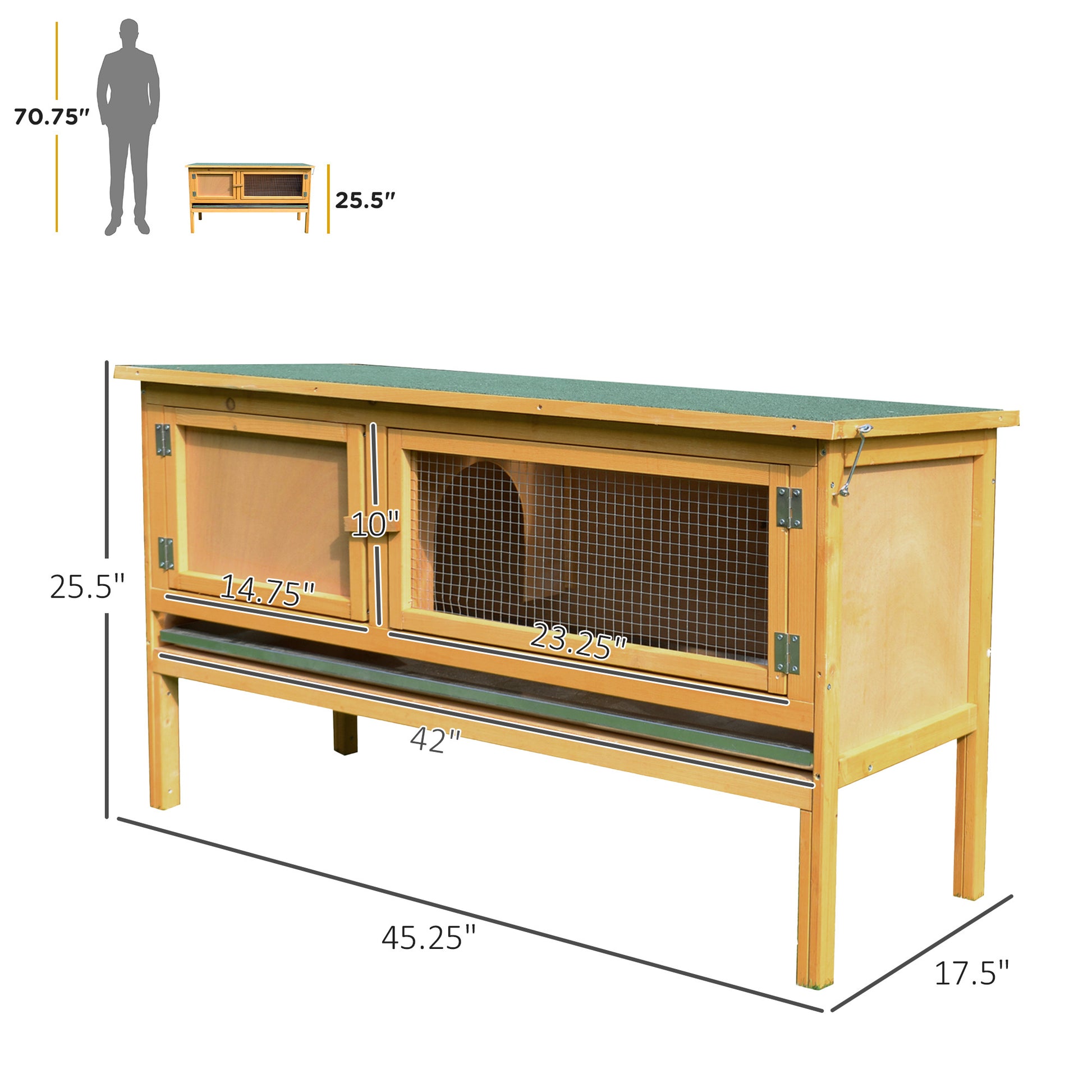 Pawhut Wooden Rabbit Hutch Bunny Cage With Openable Waterproof Roof, No Leak Tray Sturdy Fir Wood Build For Indoor Outdoor Yellow Wood