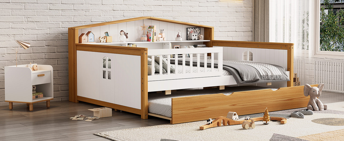 Full Size House Shape Daybed With Trundle And Bookcase Headboard Wooden Bed For Girls Boys Teens, No Box Spring Needed, Walnut And White Box Spring Not Required Full White Walnut Wood Bedroom Cute Pine Bed Frame Wood
