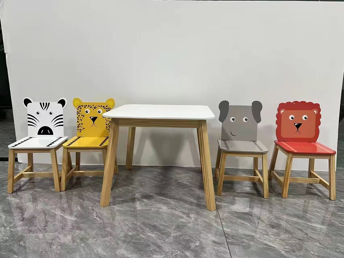 5 Piece Kiddy Table And Chair Setkids Wood Table With 4 Chairs Set Cartoon Animals Bigger Table 3 8 Years Old White Solid Wood