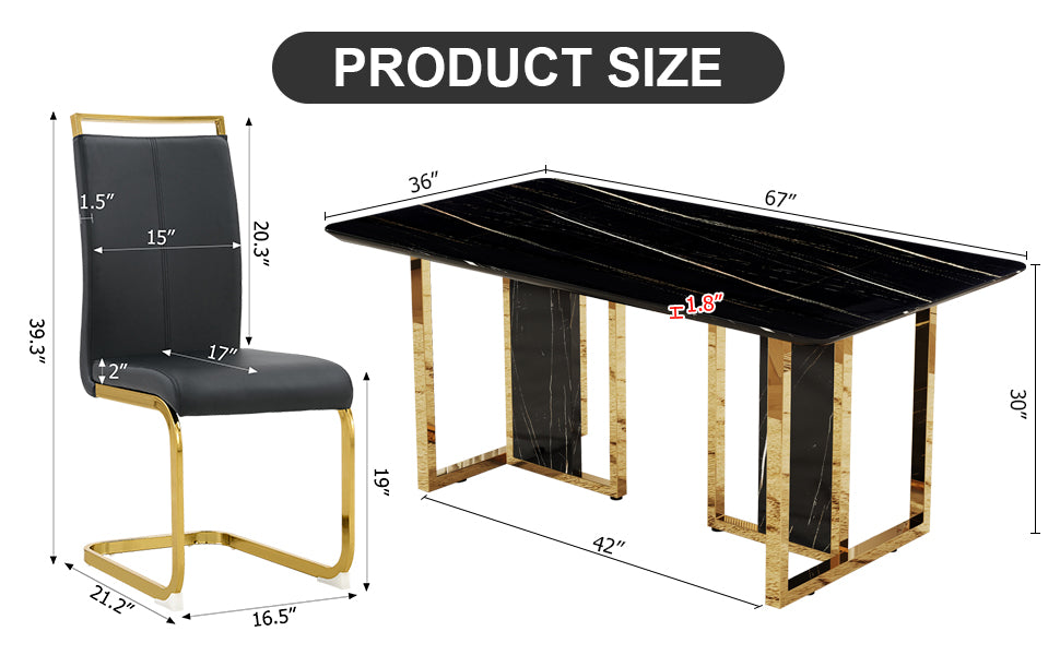 Table And Chair Set. Modern Dining Table With Mdf Top And Beautiful Mdf Legs. Equipped With Comfortable Pu Chairs And Metal Legs. Suitable For A Wide Range Of Decorative Styles. Black Seats 8 Mdf