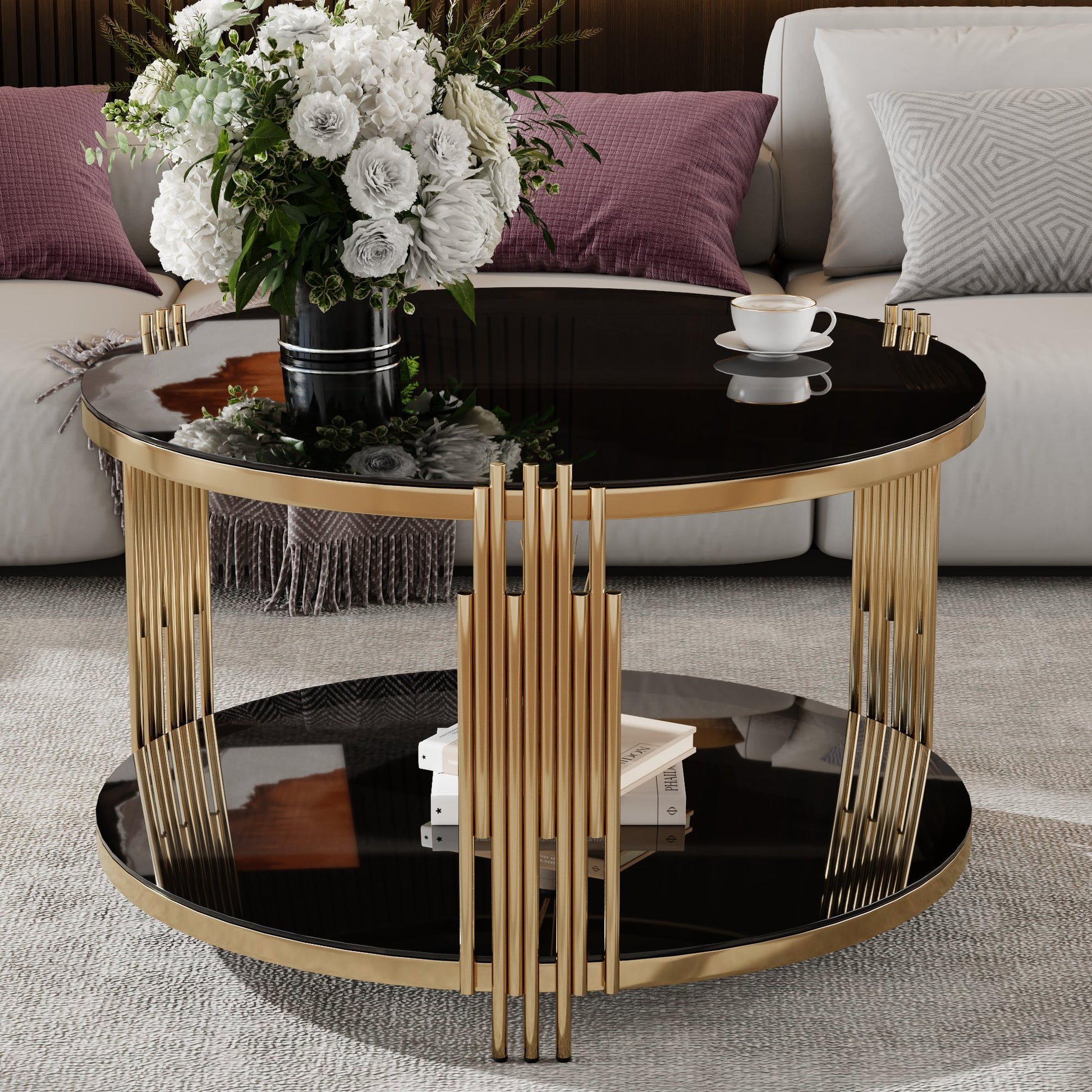 Modern Black Mirror Coffee Table, Asymmetrical Metal, Circular Metal Drum Base, Gold Finish & Lower Shelf Black Tempered Glass