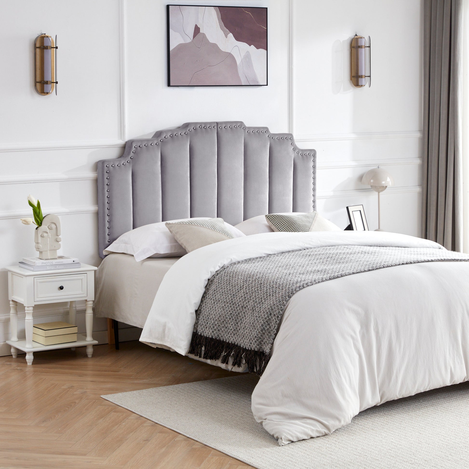 Mid Century Headboard For Queen Size Bed, Velvet Upholstered Tufted Bed Headboard With Decor, Adjustable Curved Solid Wood Head Board Vertical Channel Design Medium Grey Queen Grey Bedroom Modern Rubberwood Bed Frame Velvet Rubber Wood
